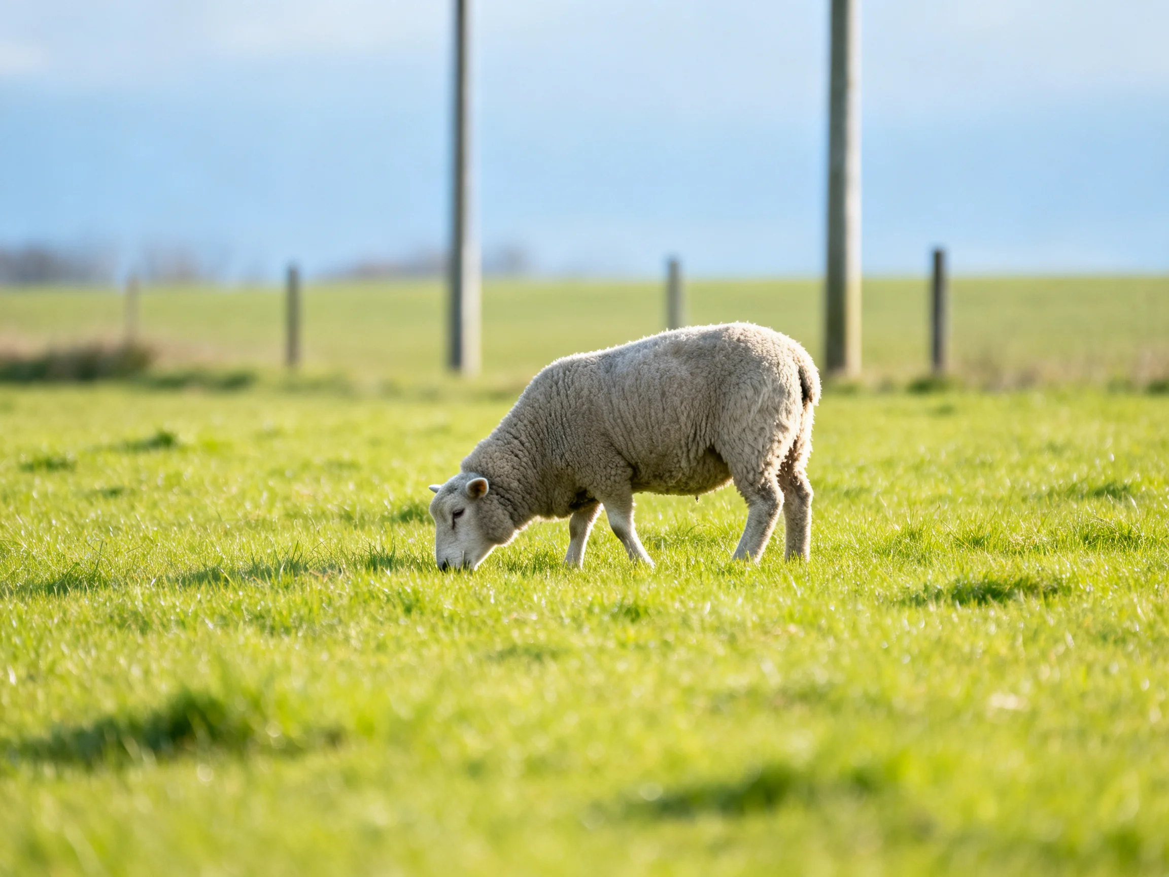A sheep grazes in a sun-drenched green pasture