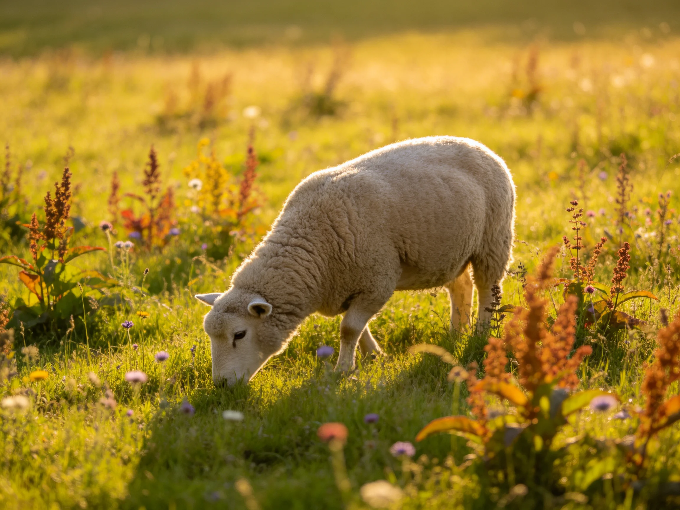 A sheep grazes in a sun-drenched wildflower meadow