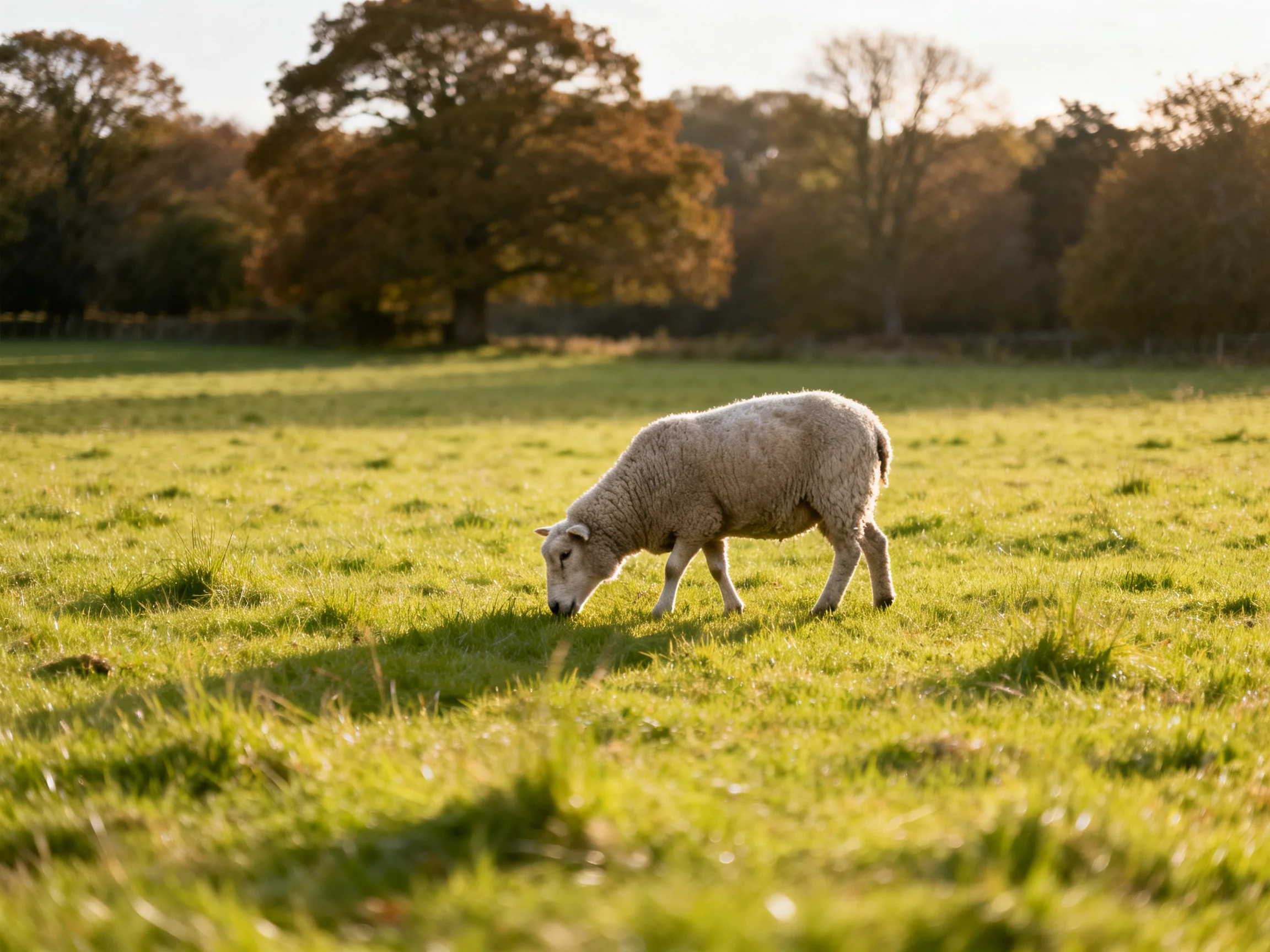 A sheep grazes in a sunlit green pasture near autumnal trees