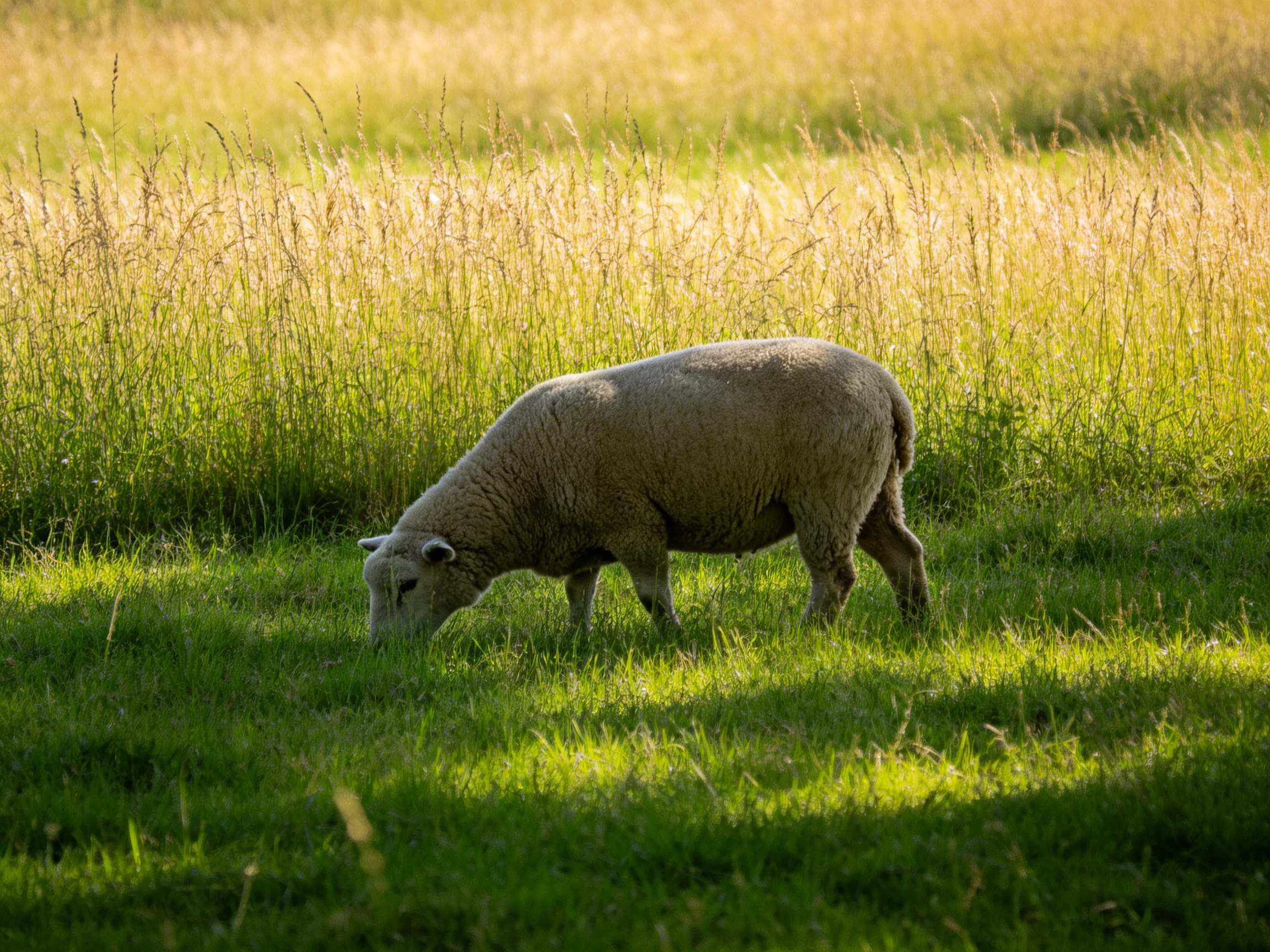 A sheep grazes in a sunlit, lush green meadow with golden grasses