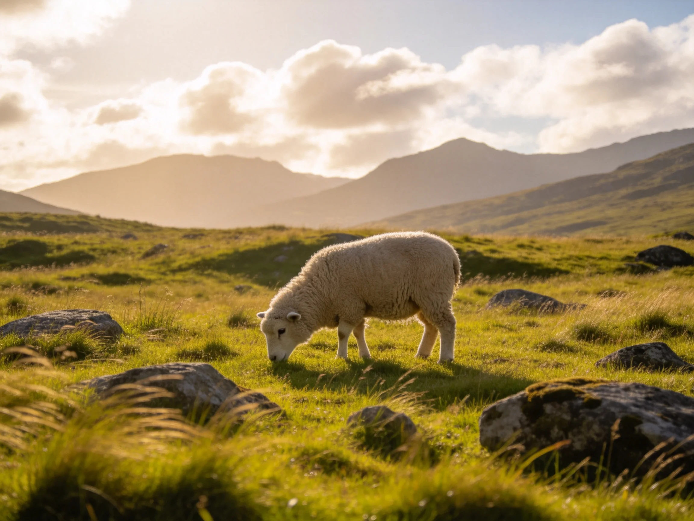 A sheep grazes in a sunlit mountain meadow with scattered rocks