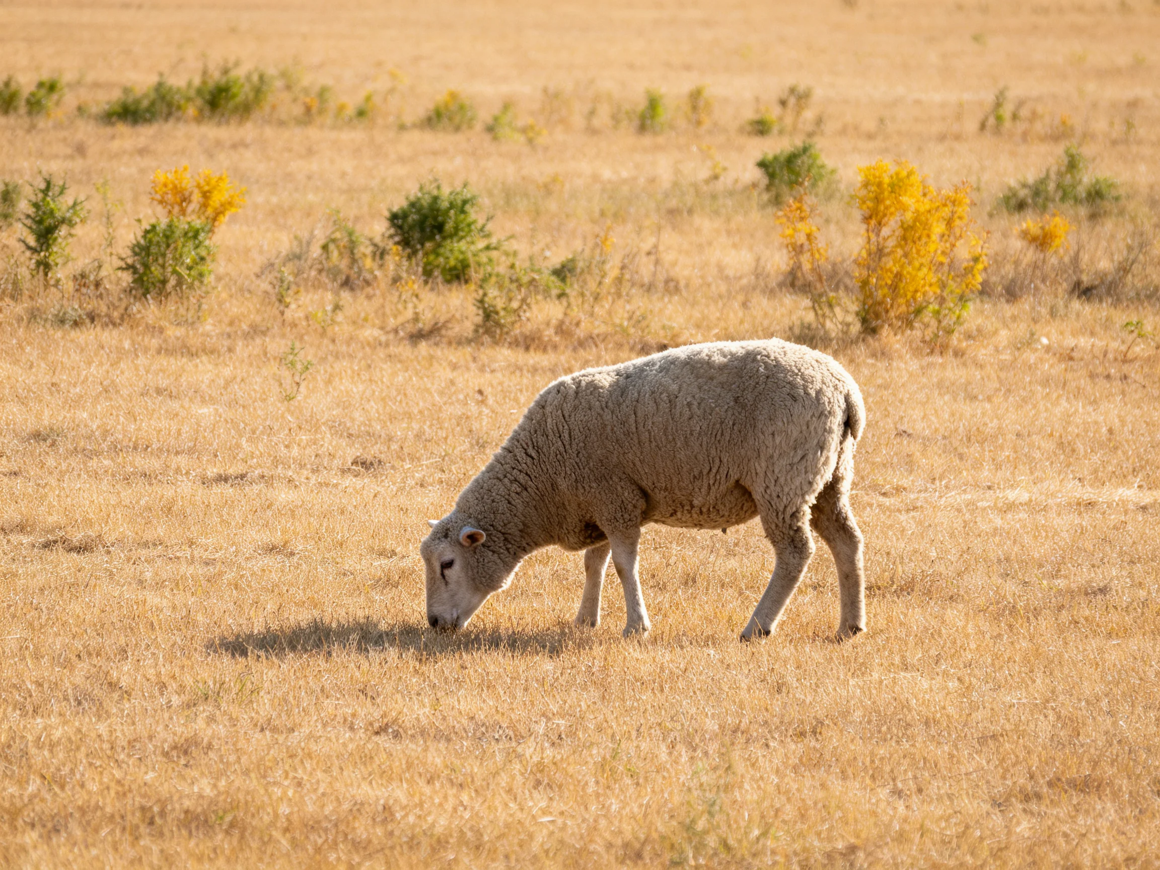 A sheep grazes in an open golden-brown field with scattered shrubs