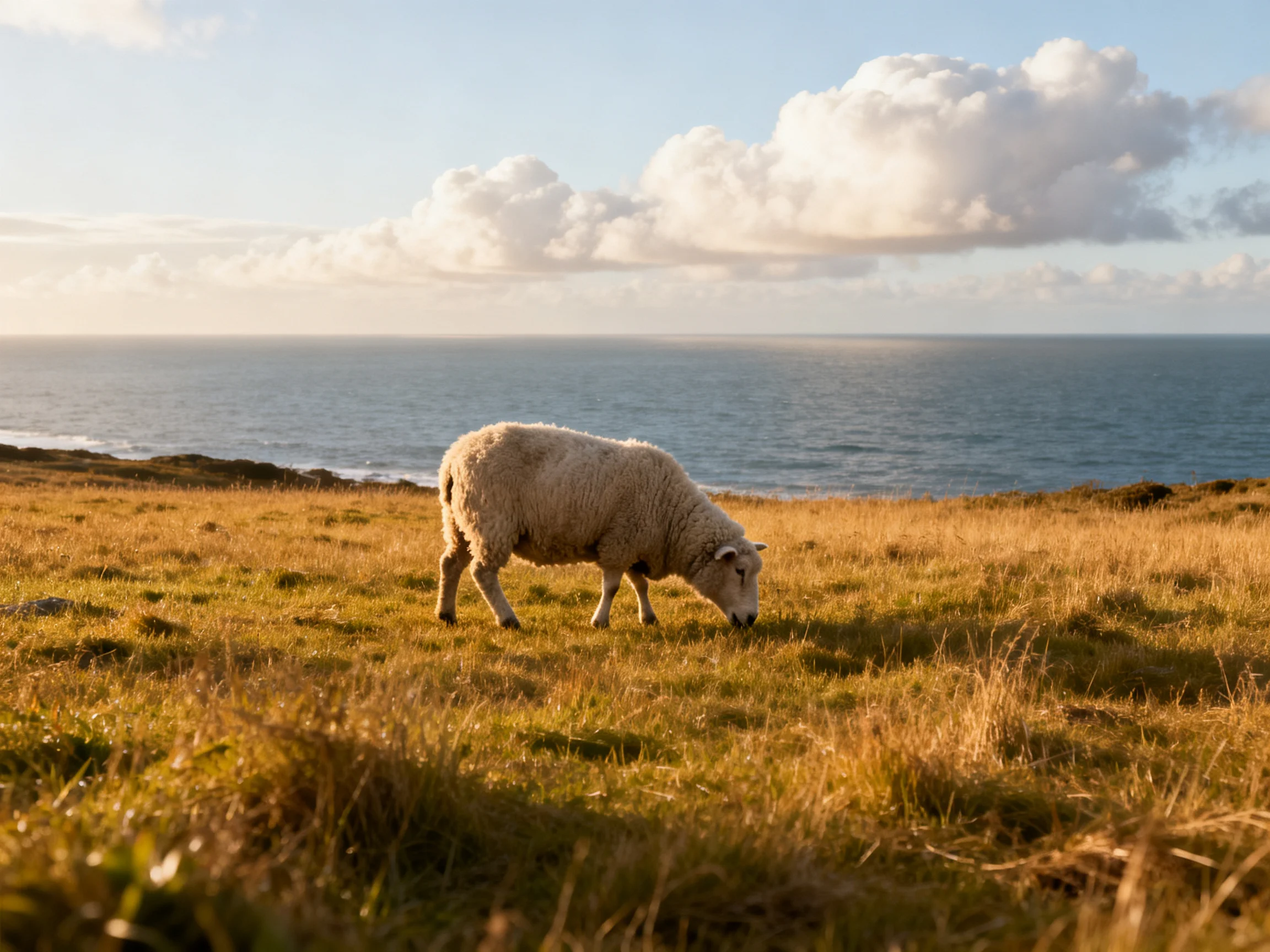 A sheep grazes in golden coastal meadows near calm blue waters