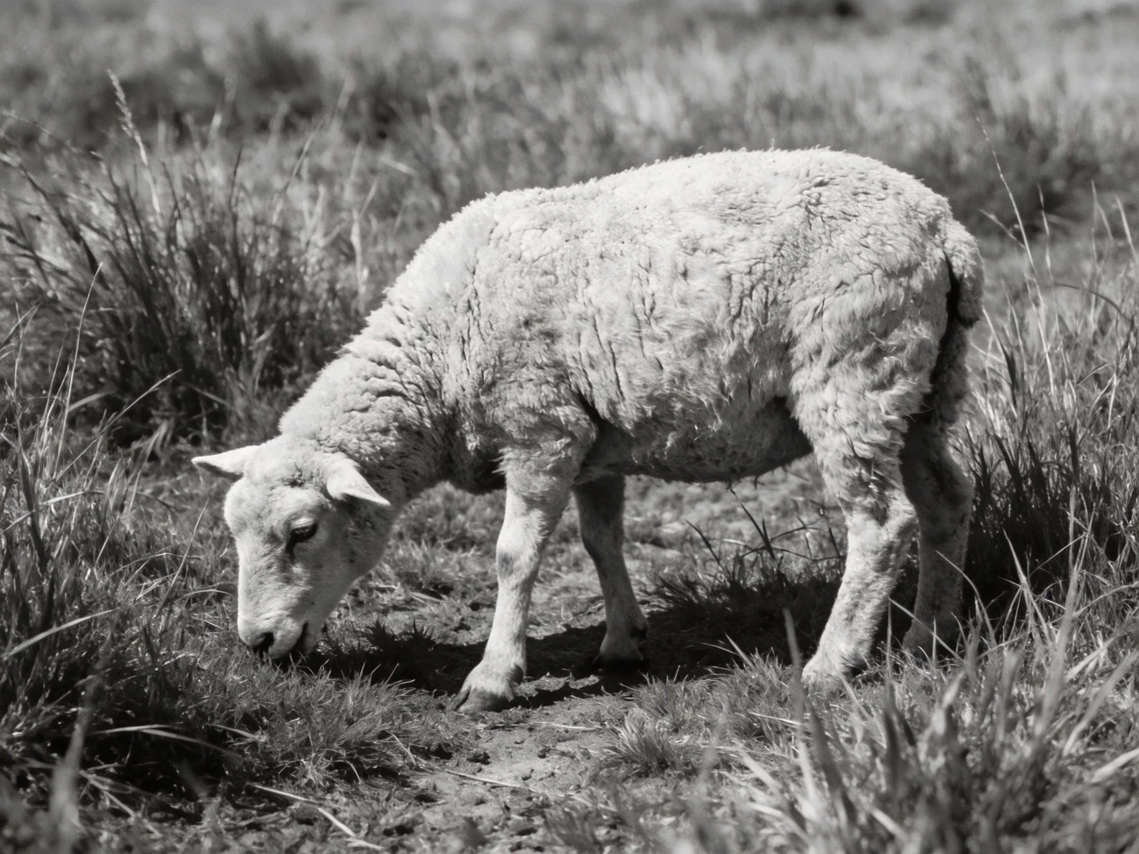 A sheep grazes in tall, grassy wilderness