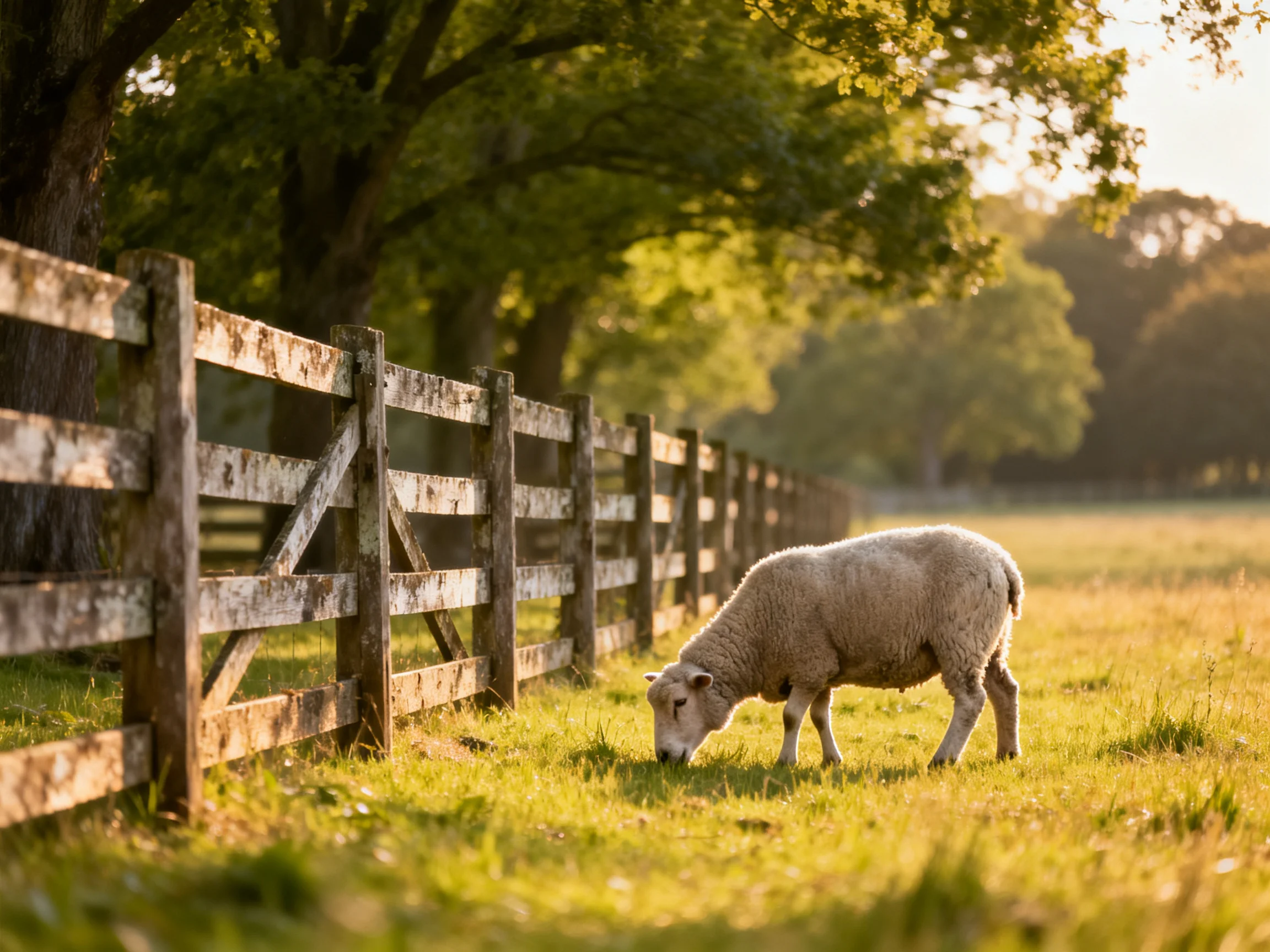 A sheep grazes near an aged wooden fence in a sunlit meadow
