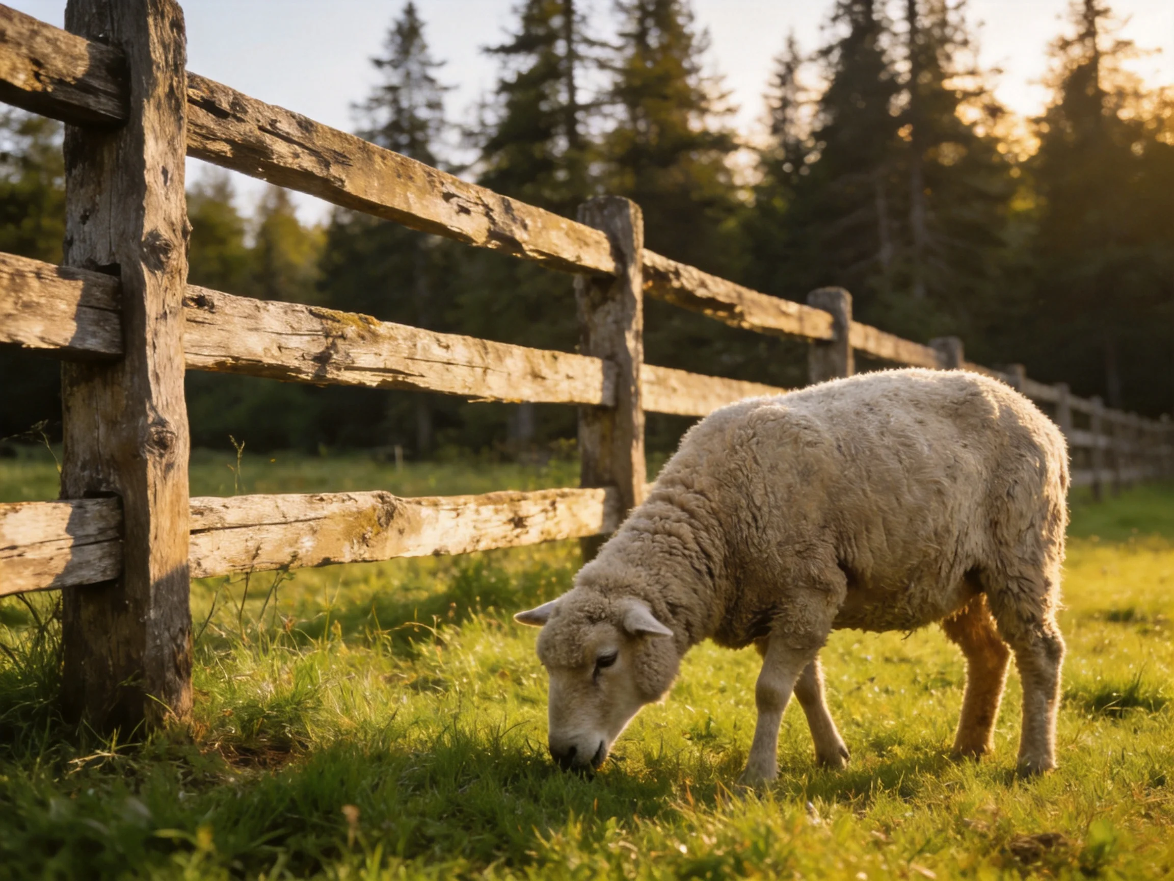 A sheep grazes near an aged wooden fence in golden sunlight