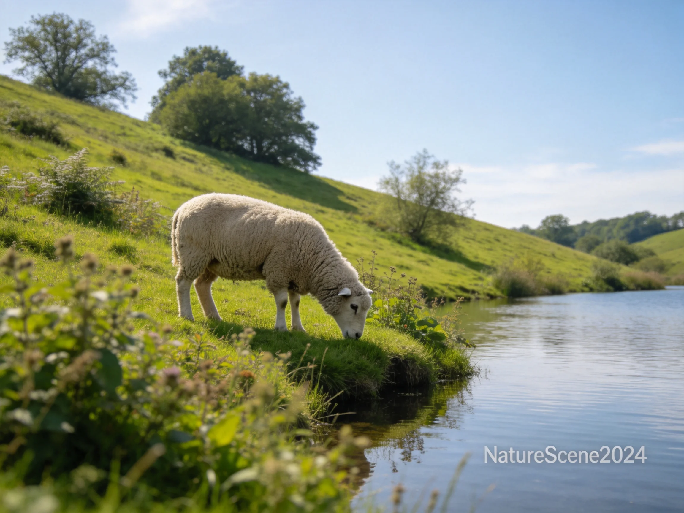 A sheep grazing by a calm river in lush green hills
