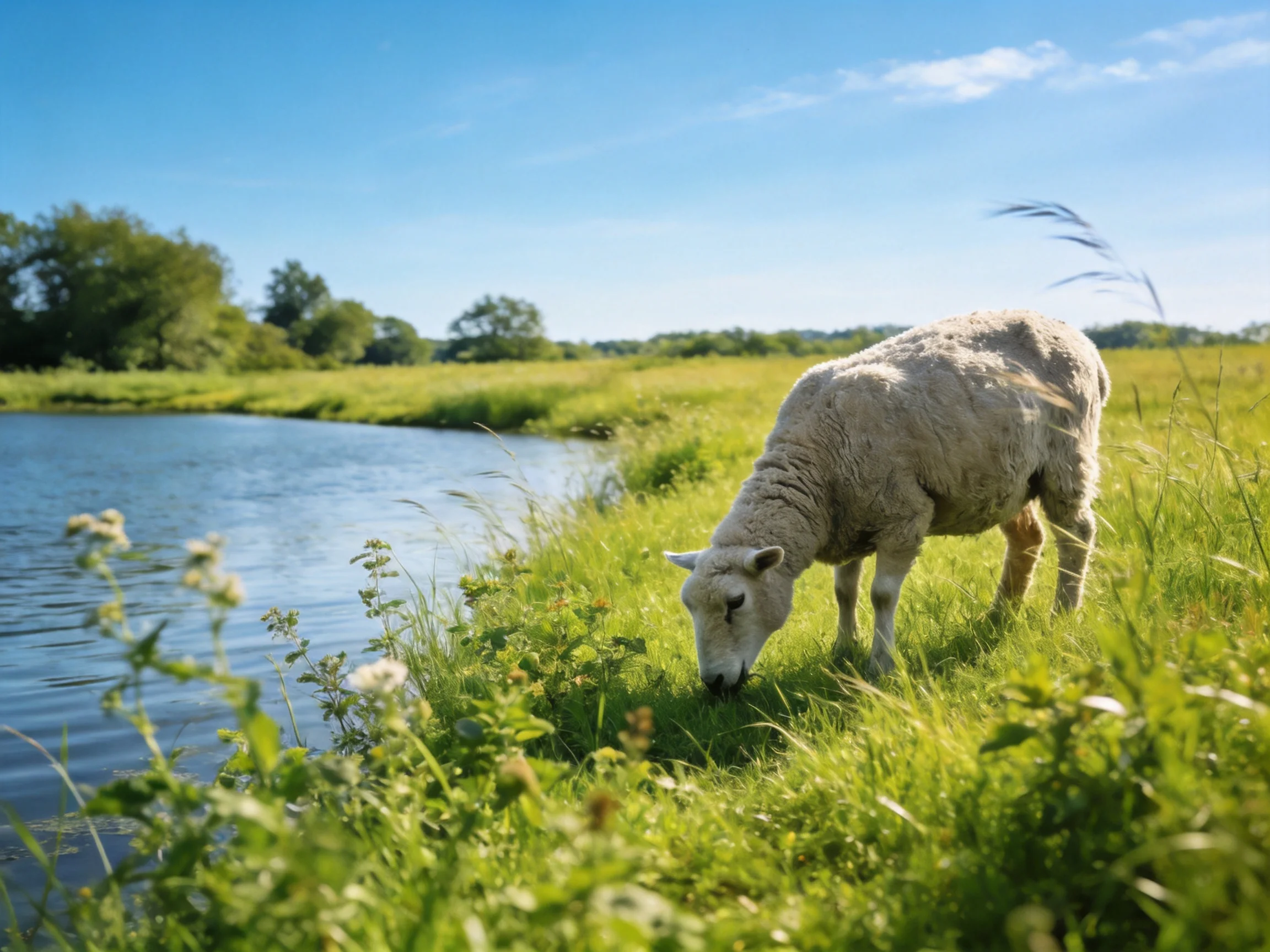 A sheep grazing by a serene blue river in lush green fields