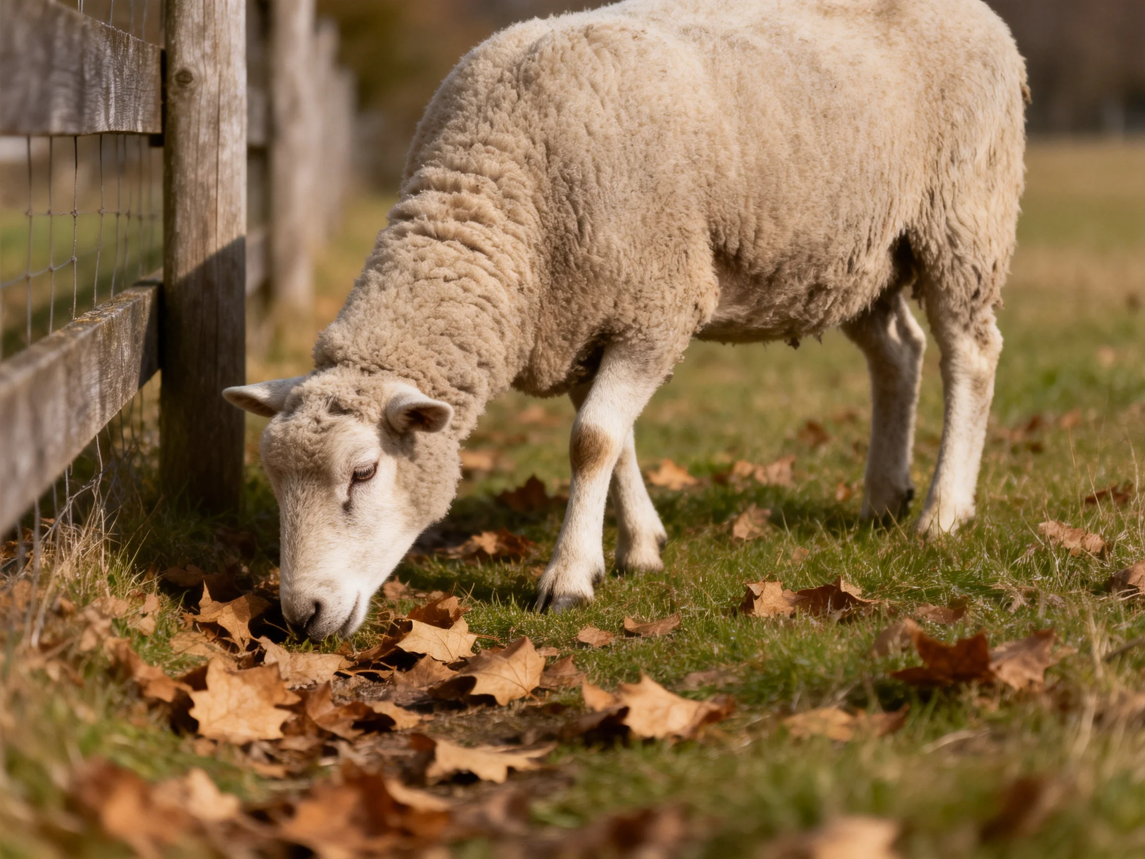 A sheep grazing by a wooden fence with autumn leaves