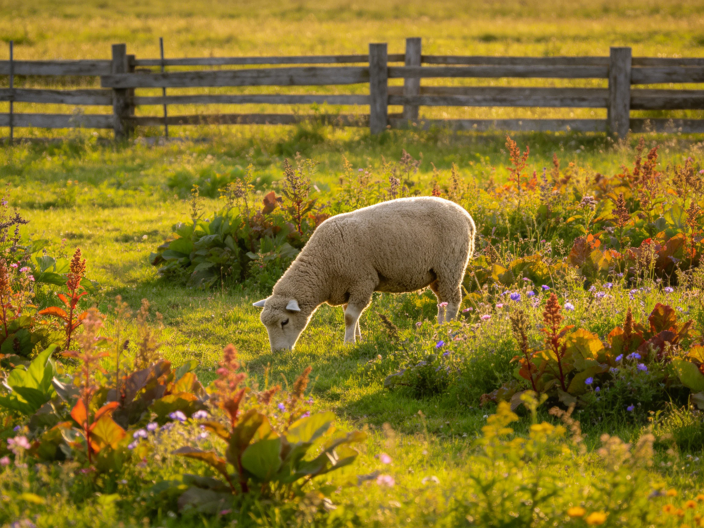 A sheep grazing in a colorful, flower - filled meadow near a wooden fence