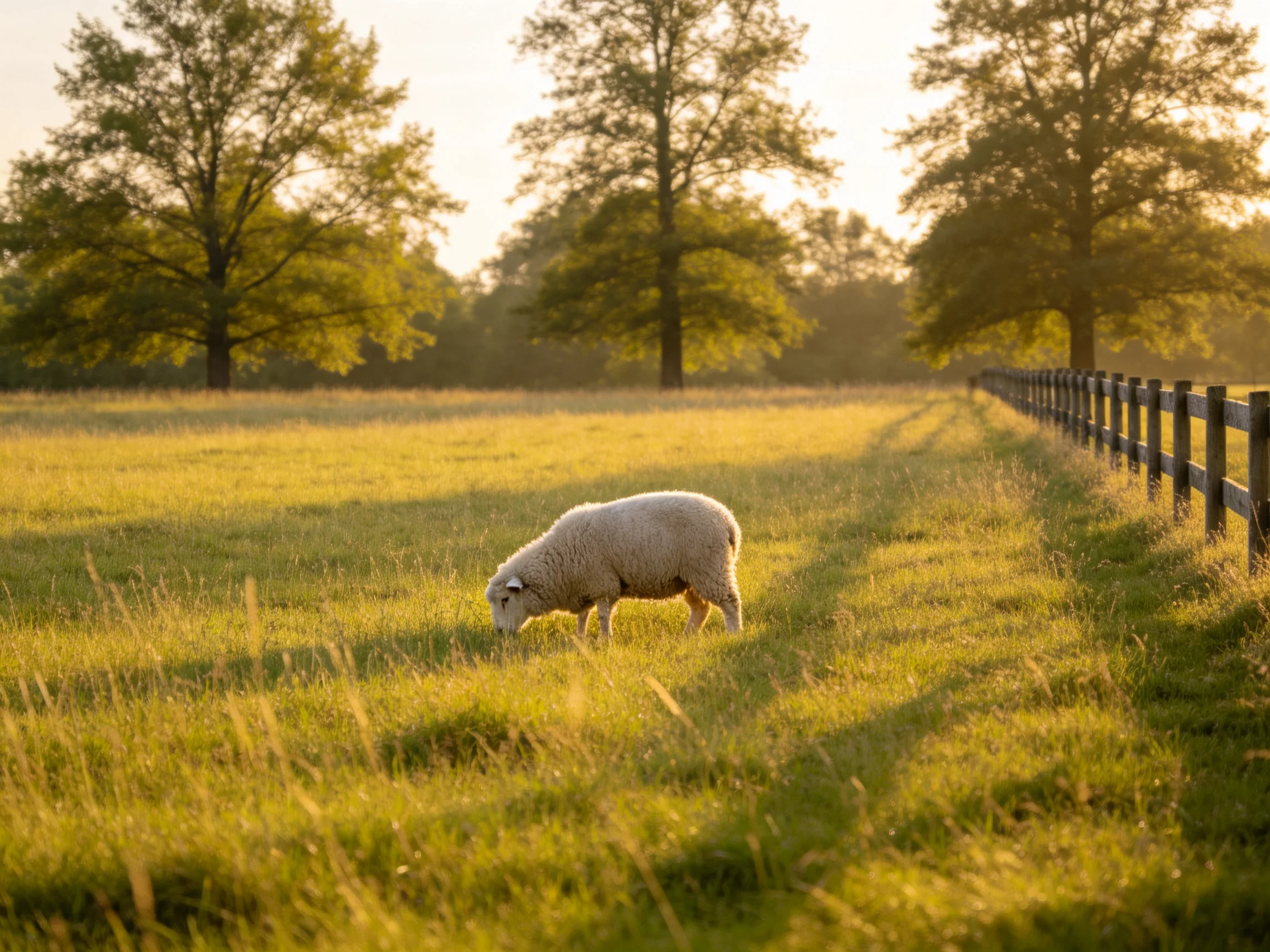 A sheep grazing in a sunlit meadow with tall trees and a wooden fence