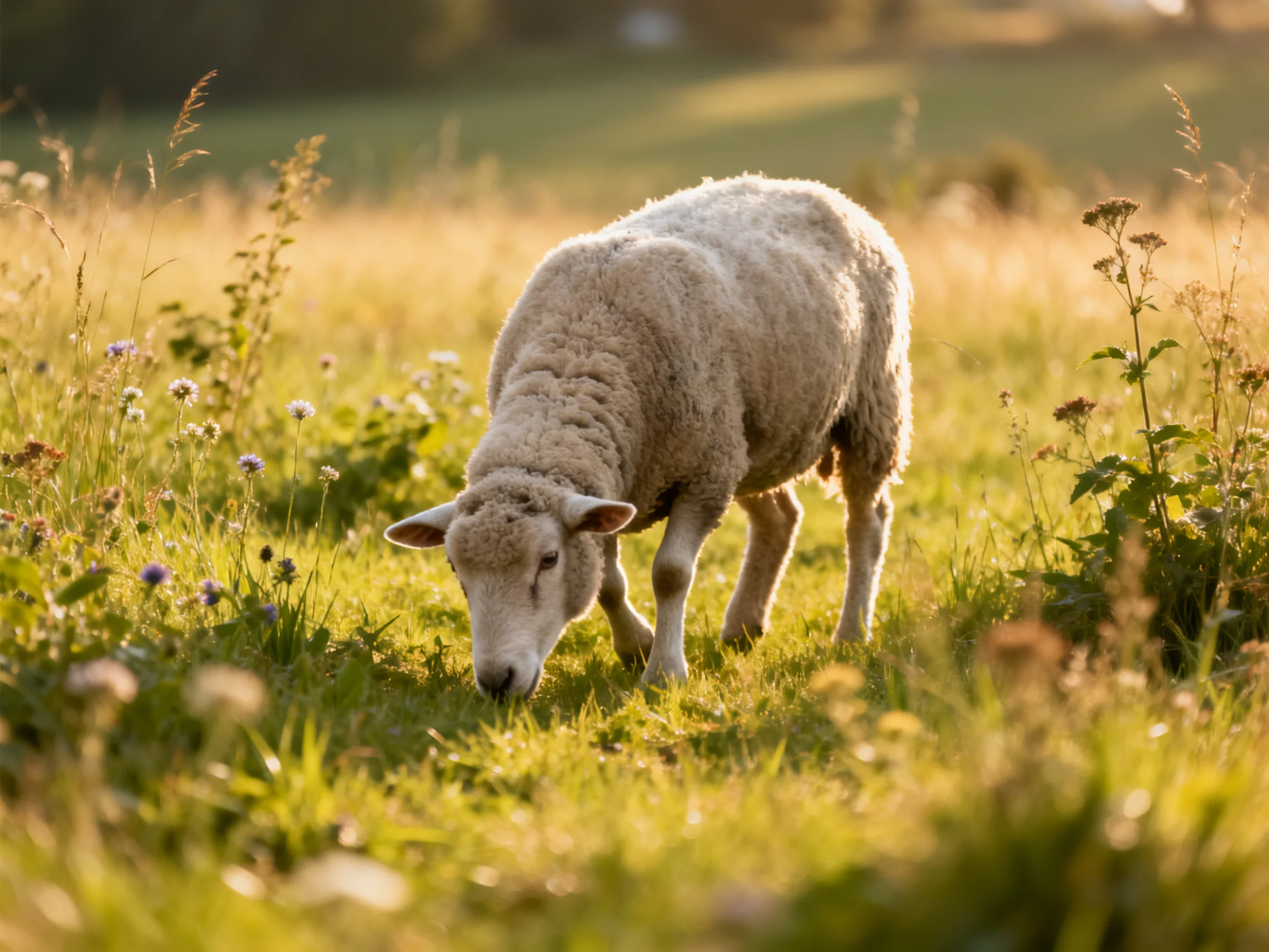 A sheep grazes in a sunlit meadow surrounded by wildflowers and tall grass.