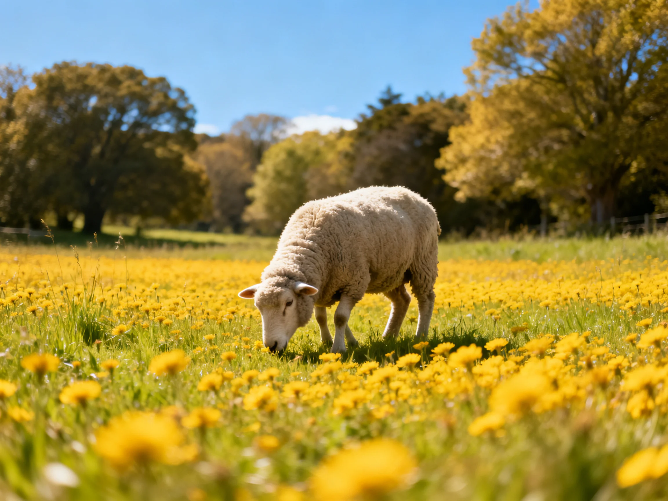 A sheep grazes among bright yellow wildflowers in a sunny pastoral setting.