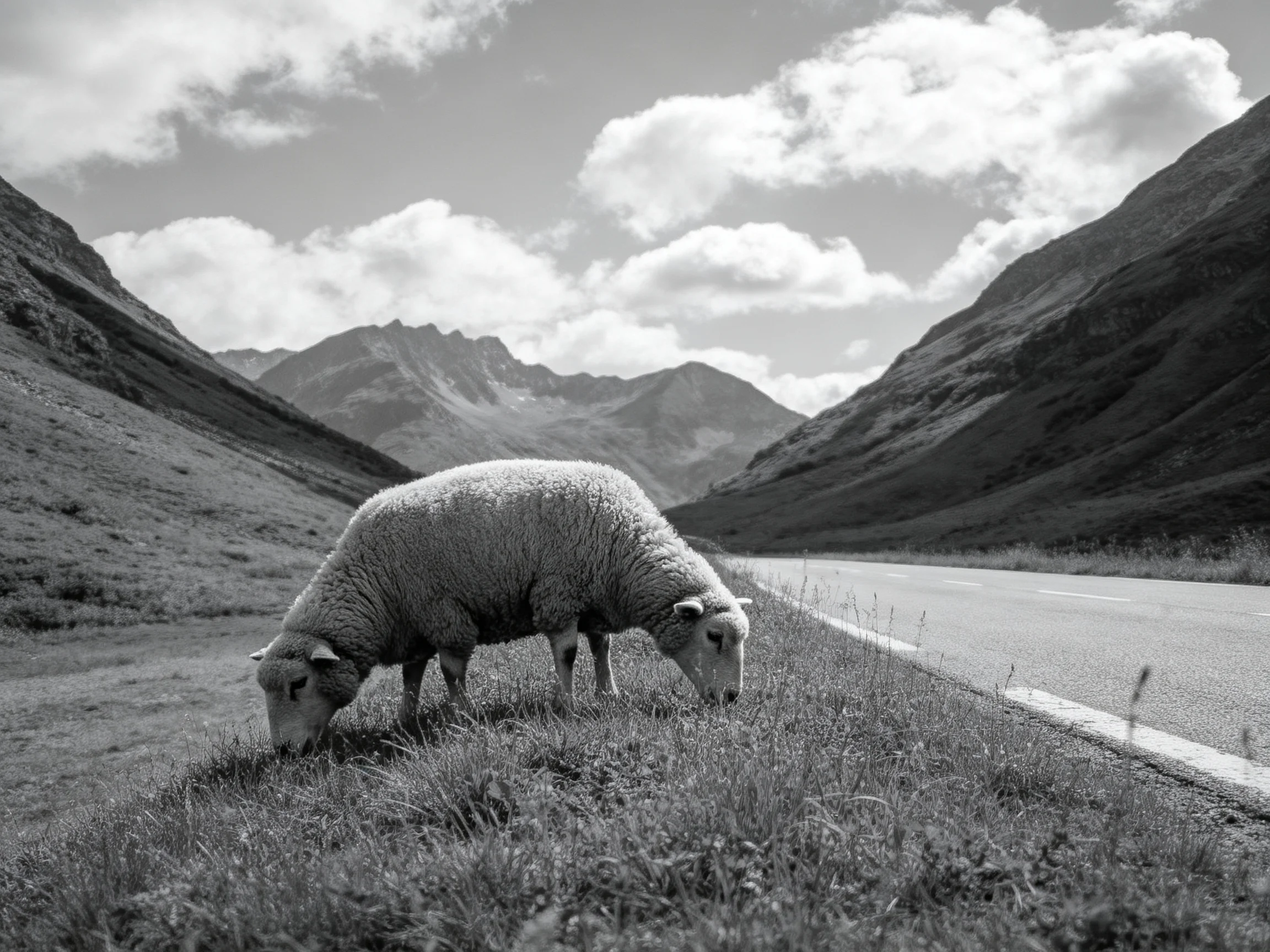 A sheep grazing near a mountainous roadside in black and white