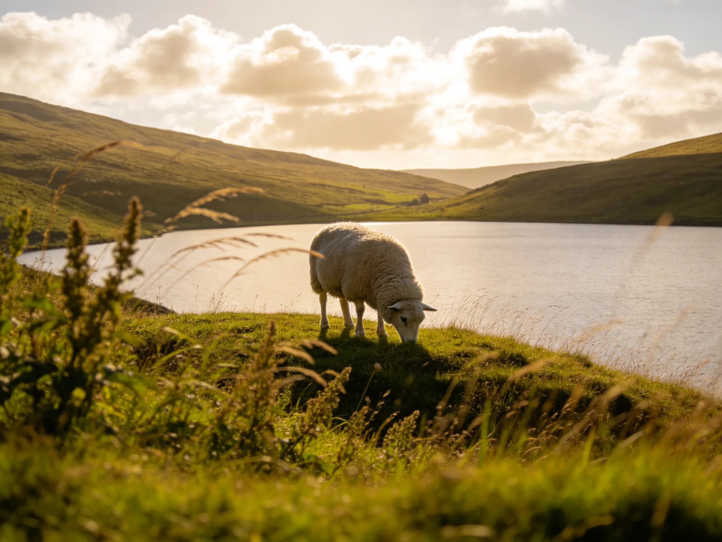A sheep grazing near a serene lake with rolling green hills