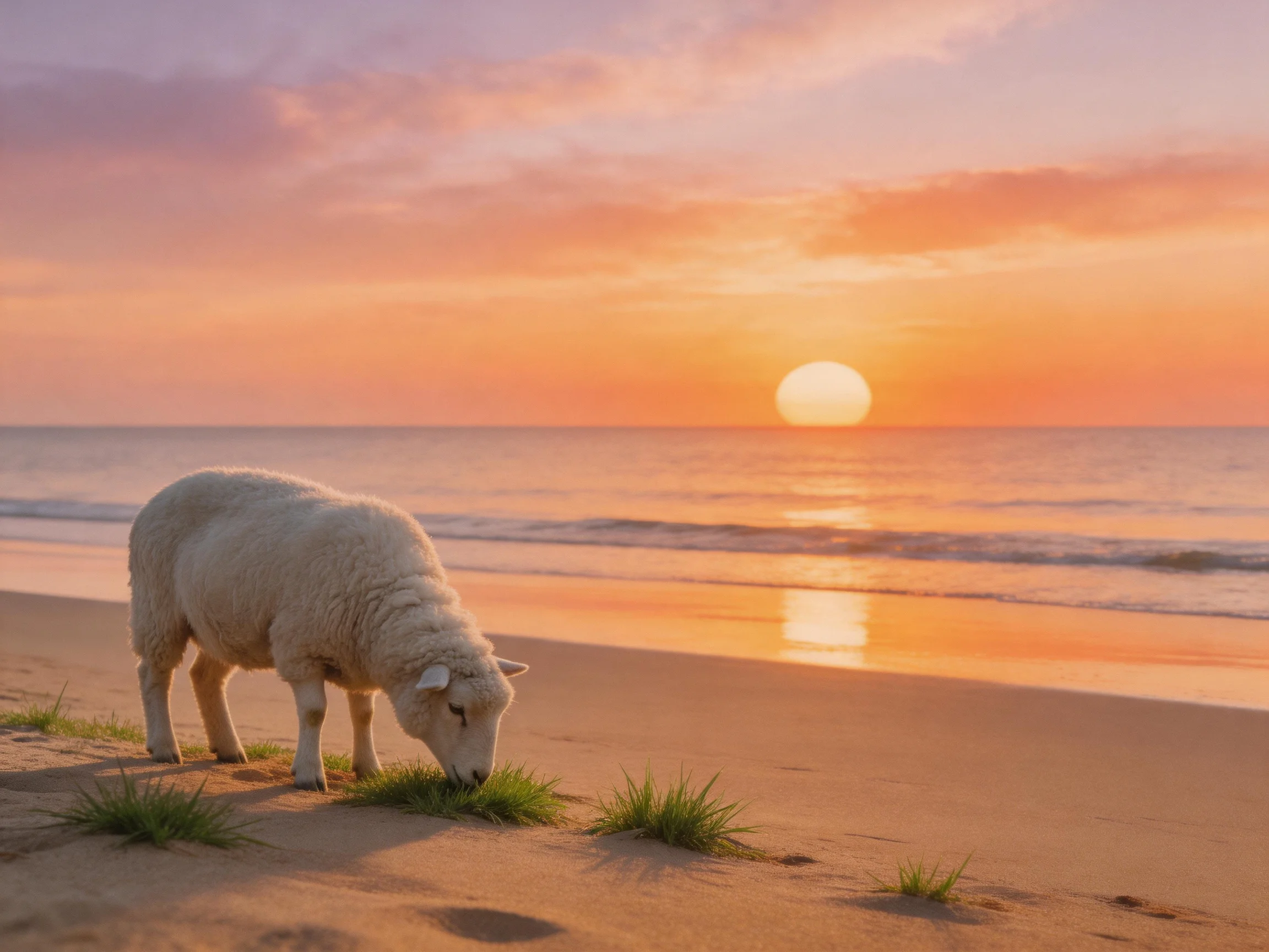 A sheep grazing on sandy beach at colorful sunset
