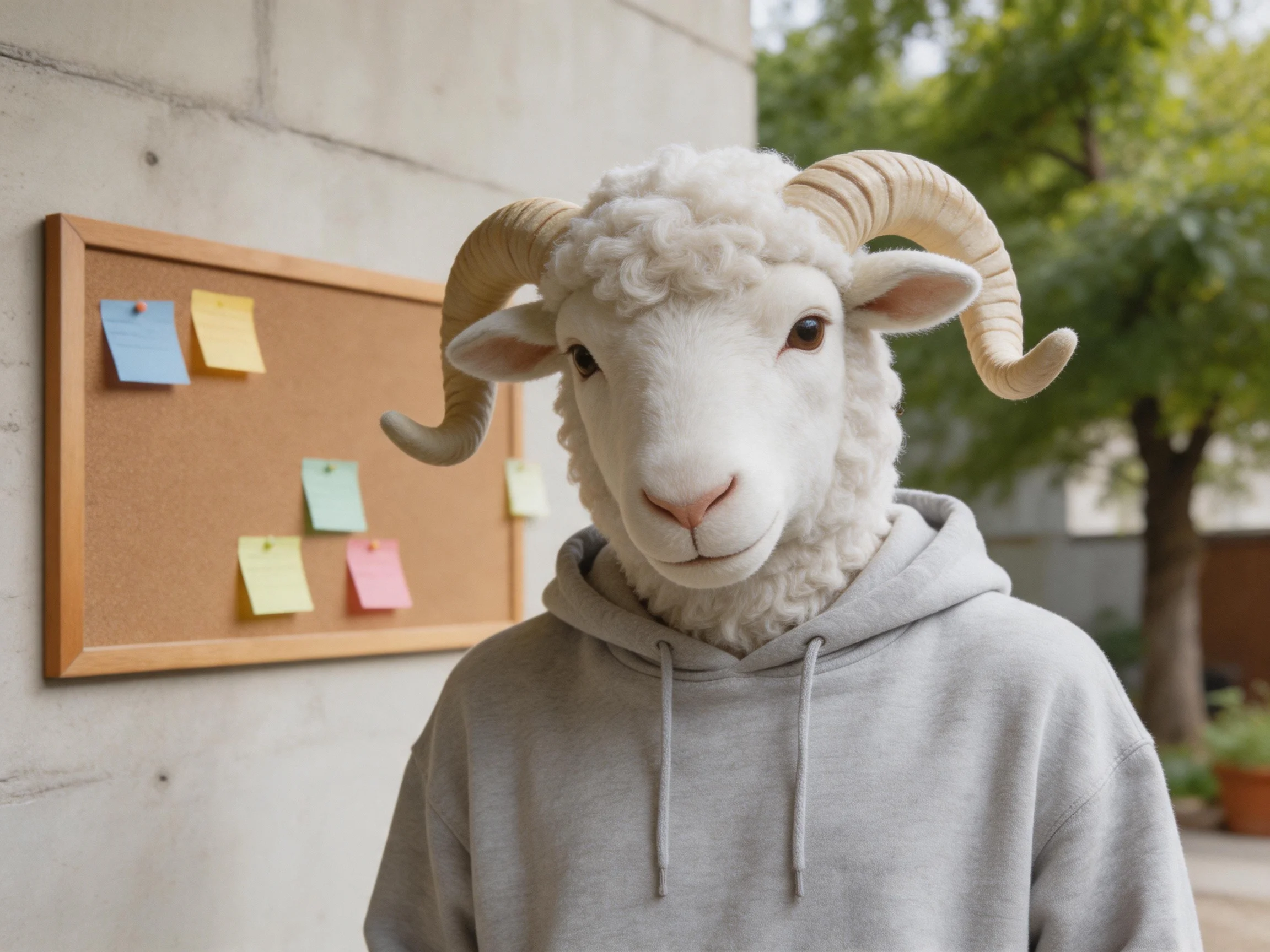 A sheep-headed figure in a gray hoodie by a bulletin board