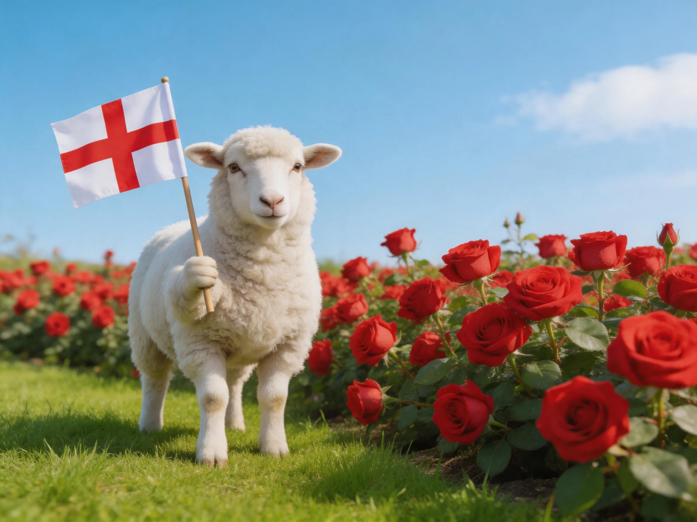A sheep holds an English flag amid red rose bushes on green grass