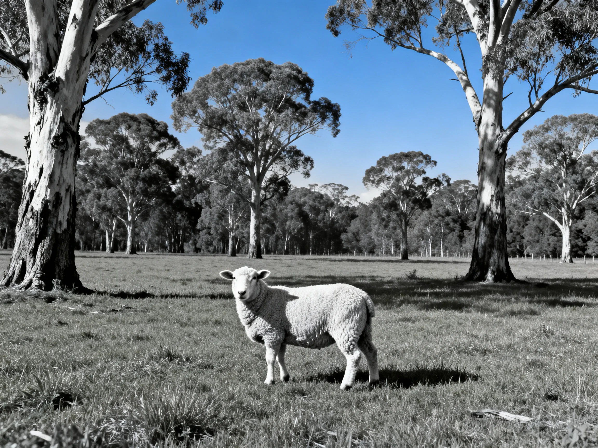 A sheep in a grassy field with tall eucalyptus trees under blue sky
