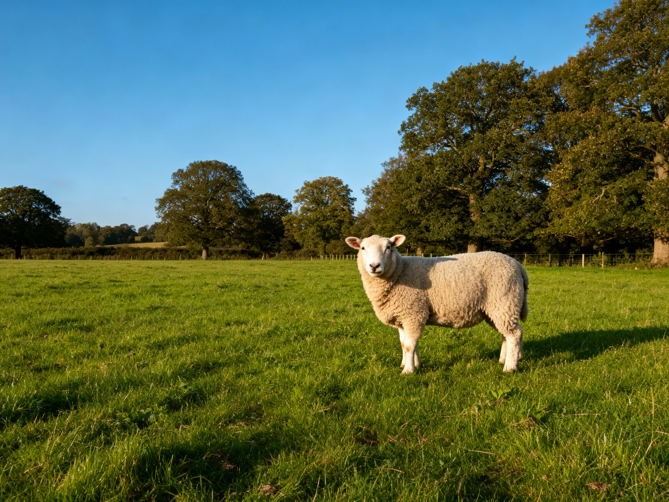 A sheep in a lush green pasture with tall leafy trees