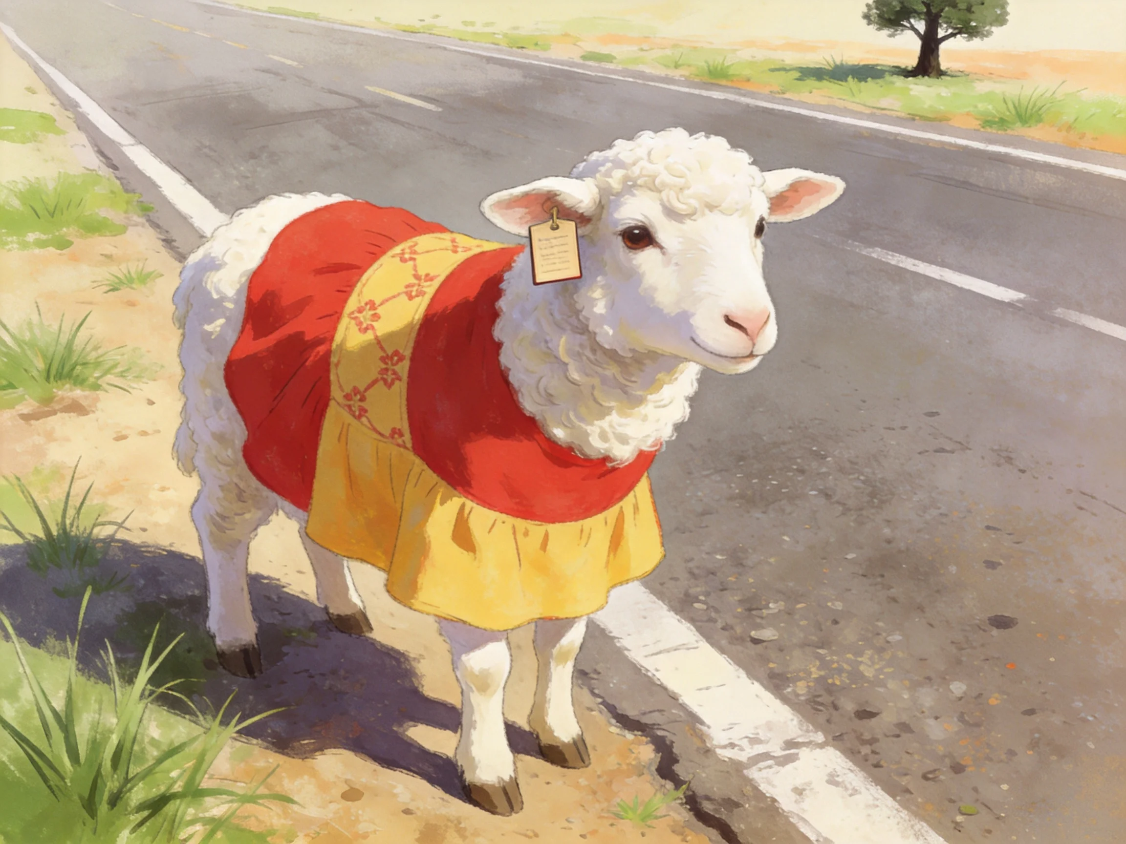 A sheep in a red and yellow dress stands by a paved road