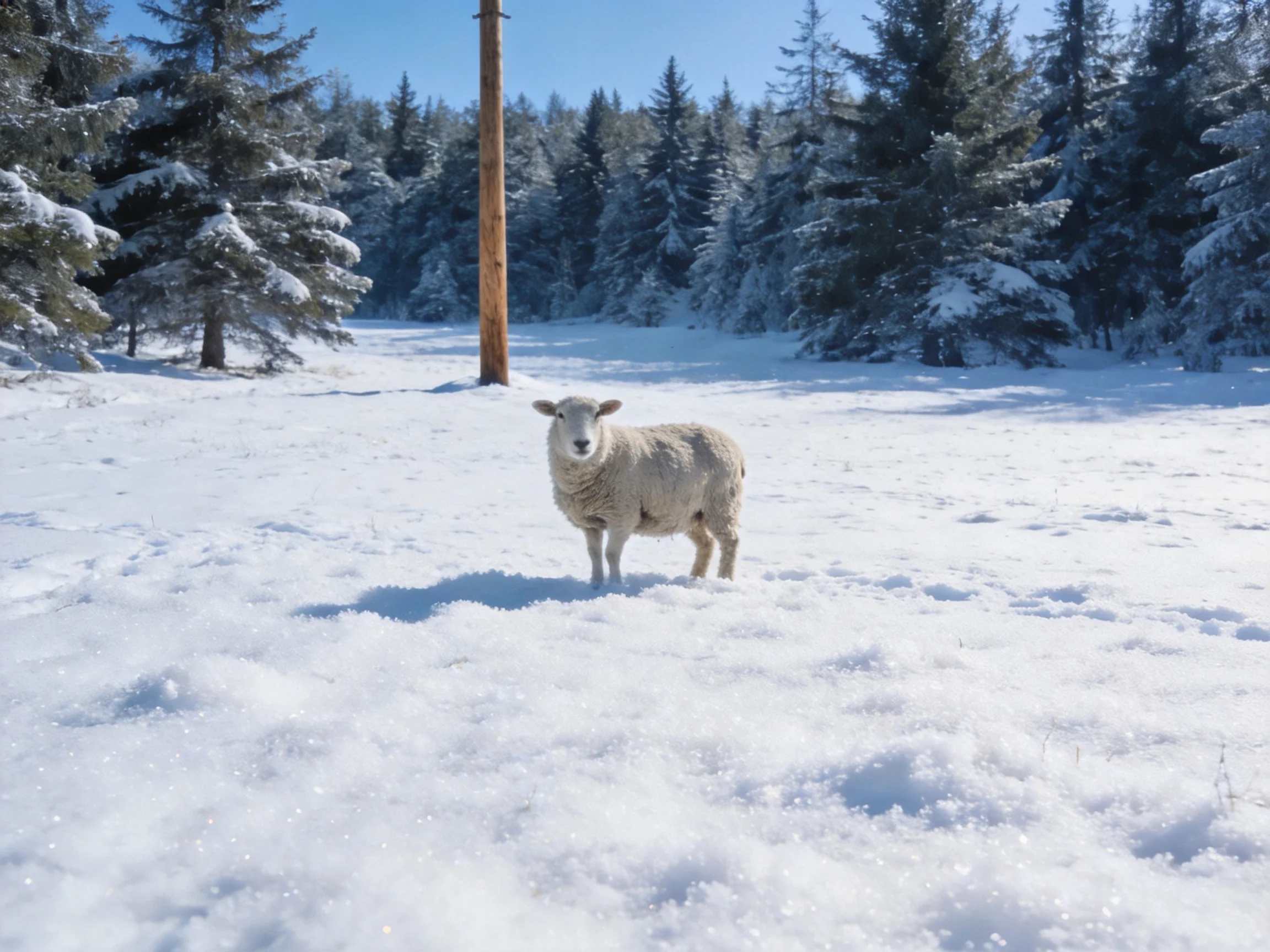 A sheep in a snow - draped forest clearing