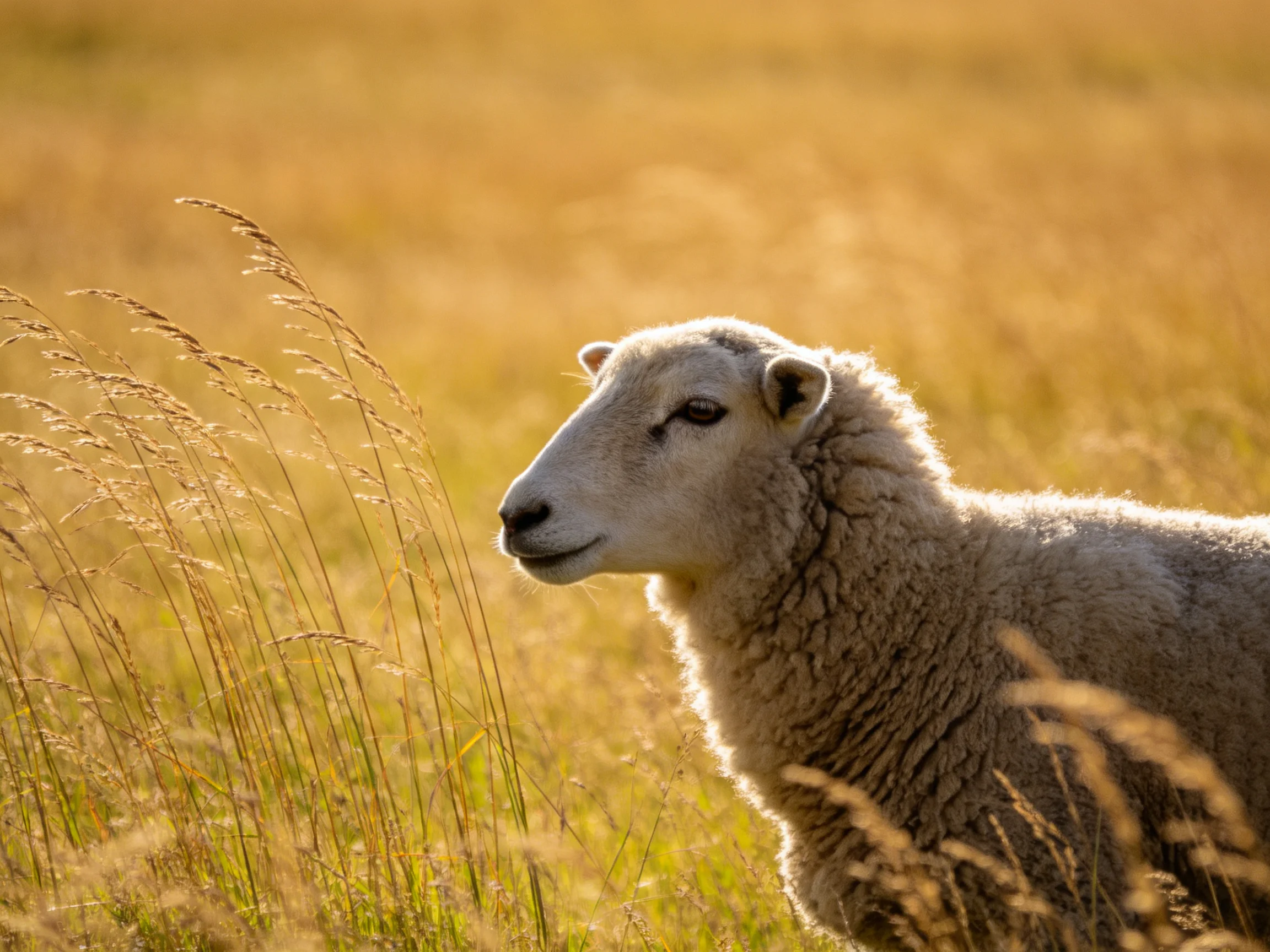 A sheep in a sunlit golden meadow with tall grasses