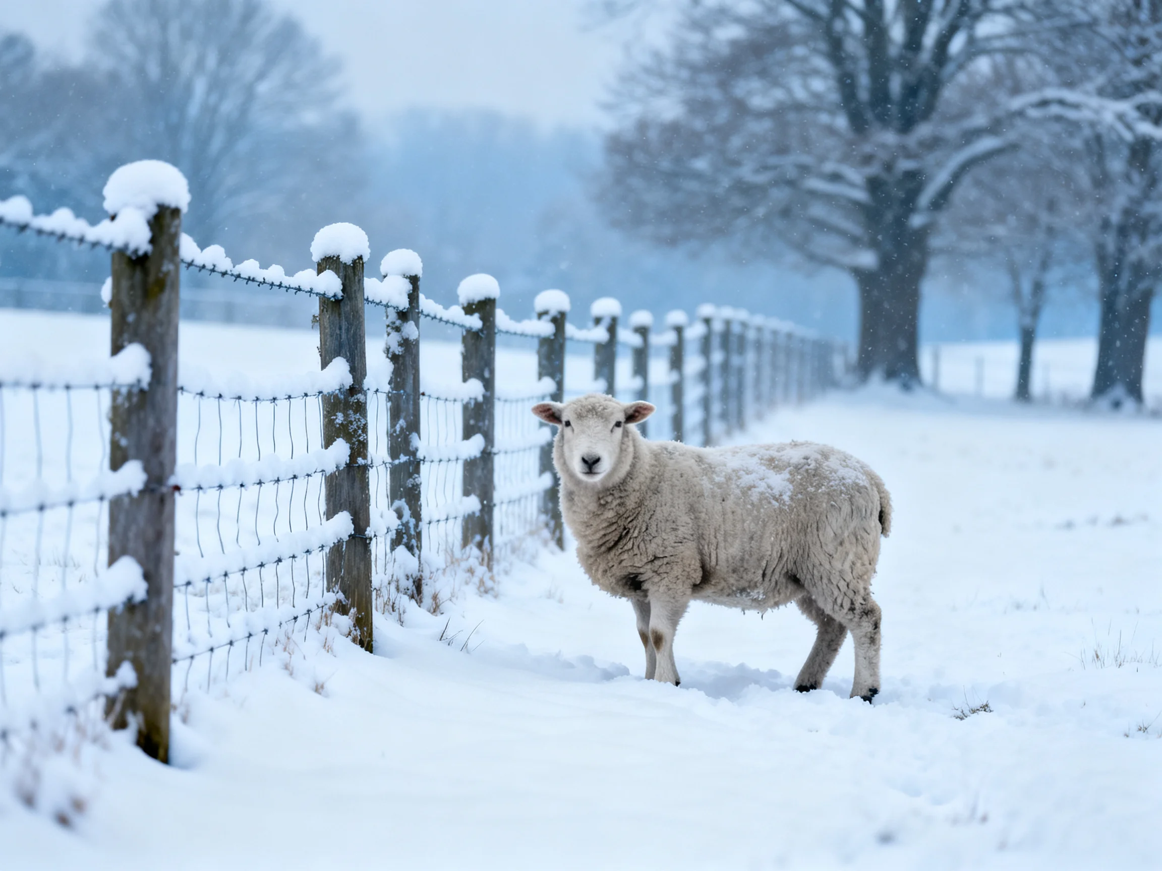 A sheep near a snow - covered wooden fence in a wintry landscape