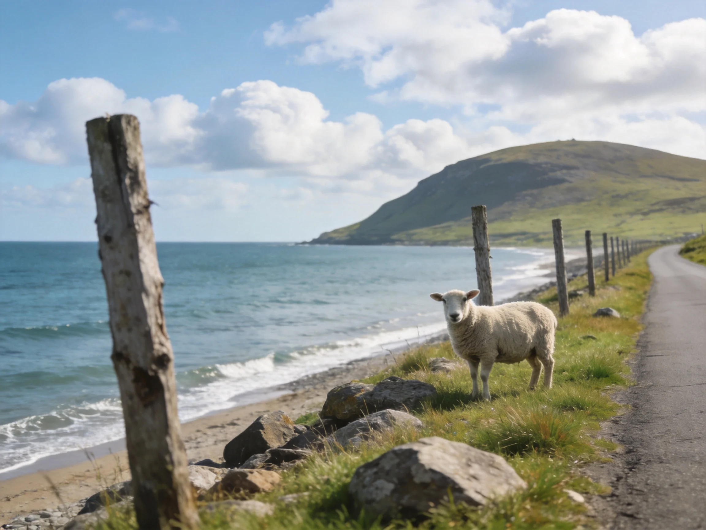 A sheep near coastal path with rocky shore and wooden posts