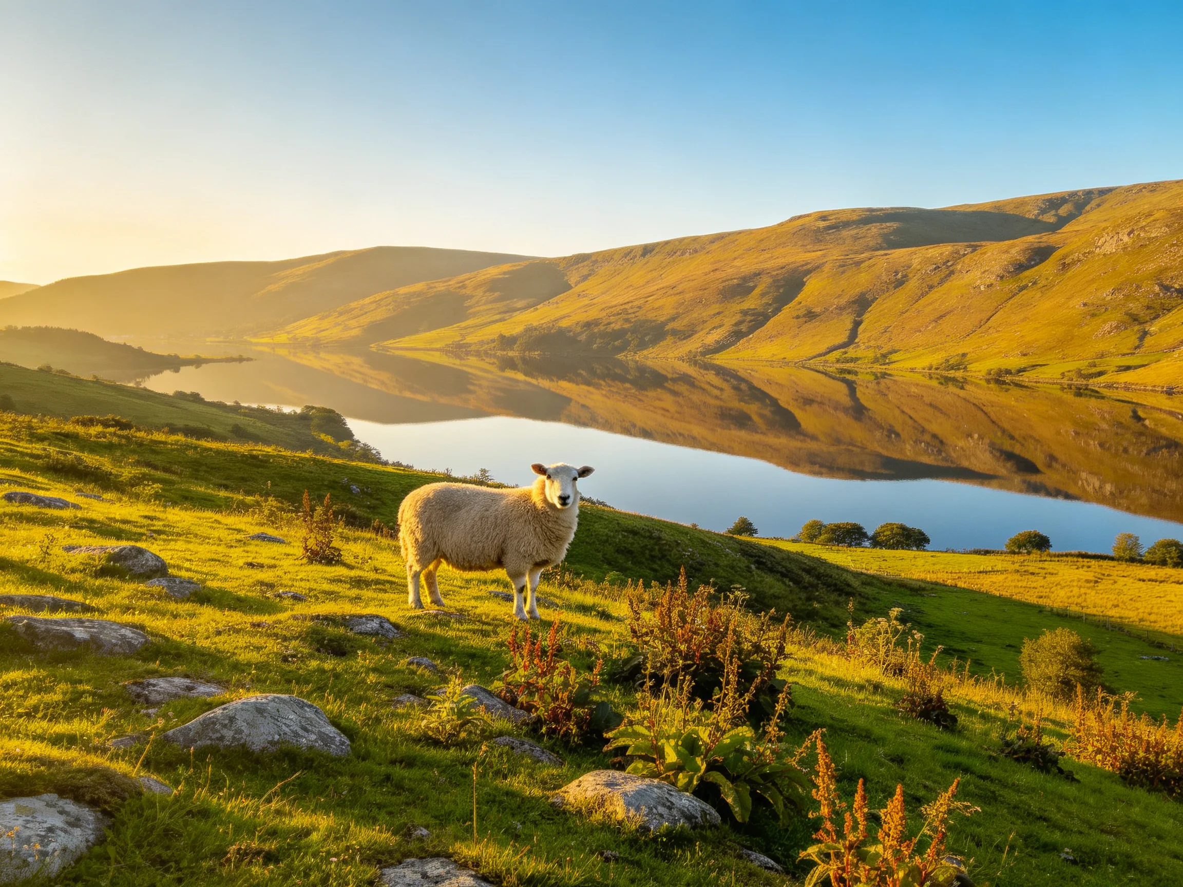 A sheep on a grassy hillside by a reflective lake with golden hills