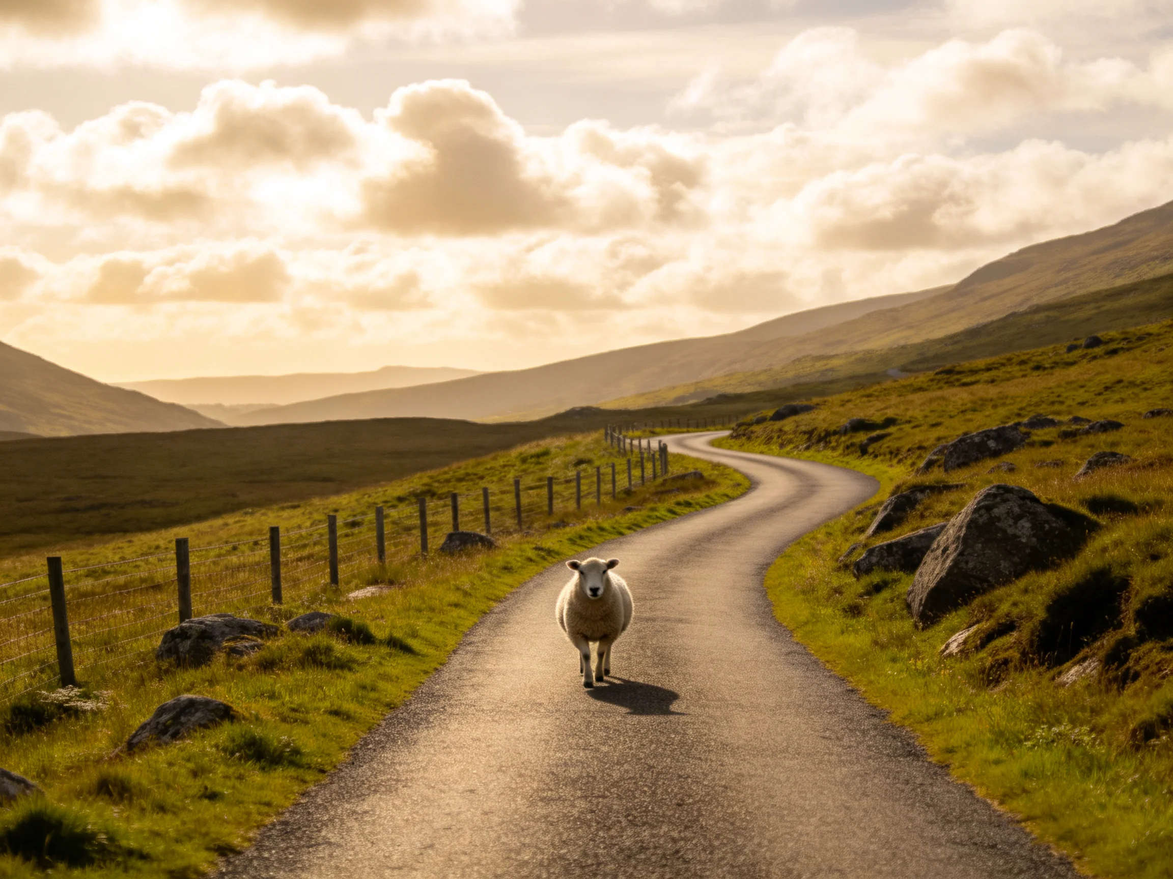 A sheep on a winding mountain road with green hills