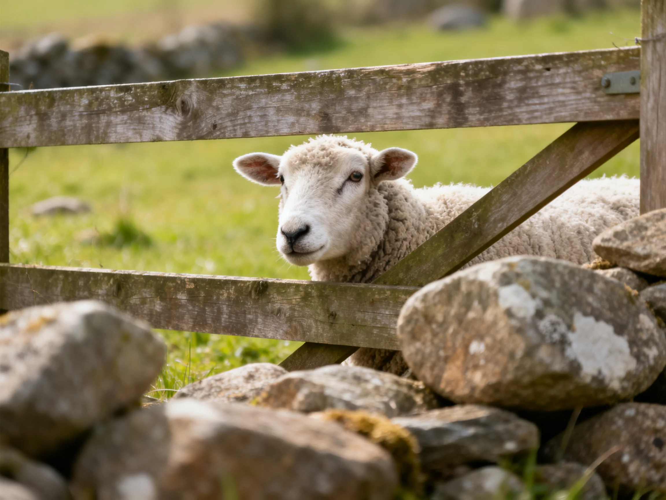 A sheep peeks behind a weathered wooden fence near large stones