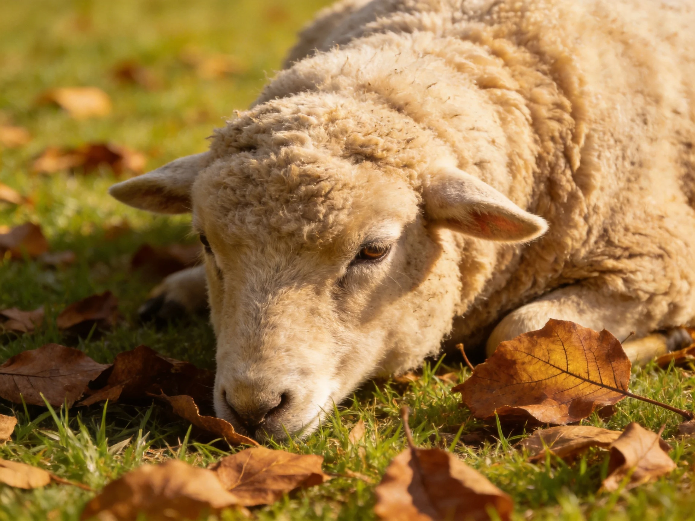 A sheep resting amid golden-brown leaves on green grass