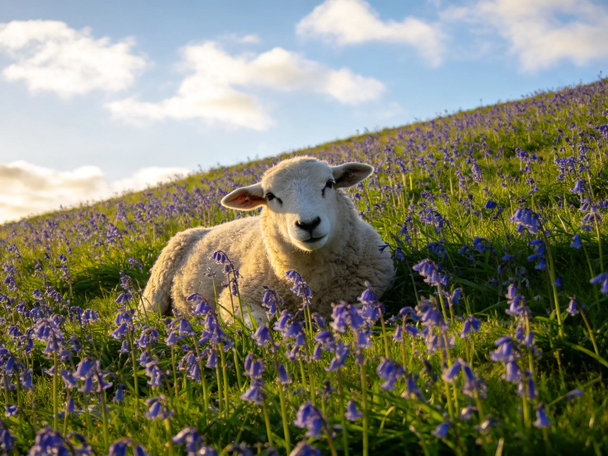 A sheep resting amid vibrant purple wildflowers on a sunlit hillside