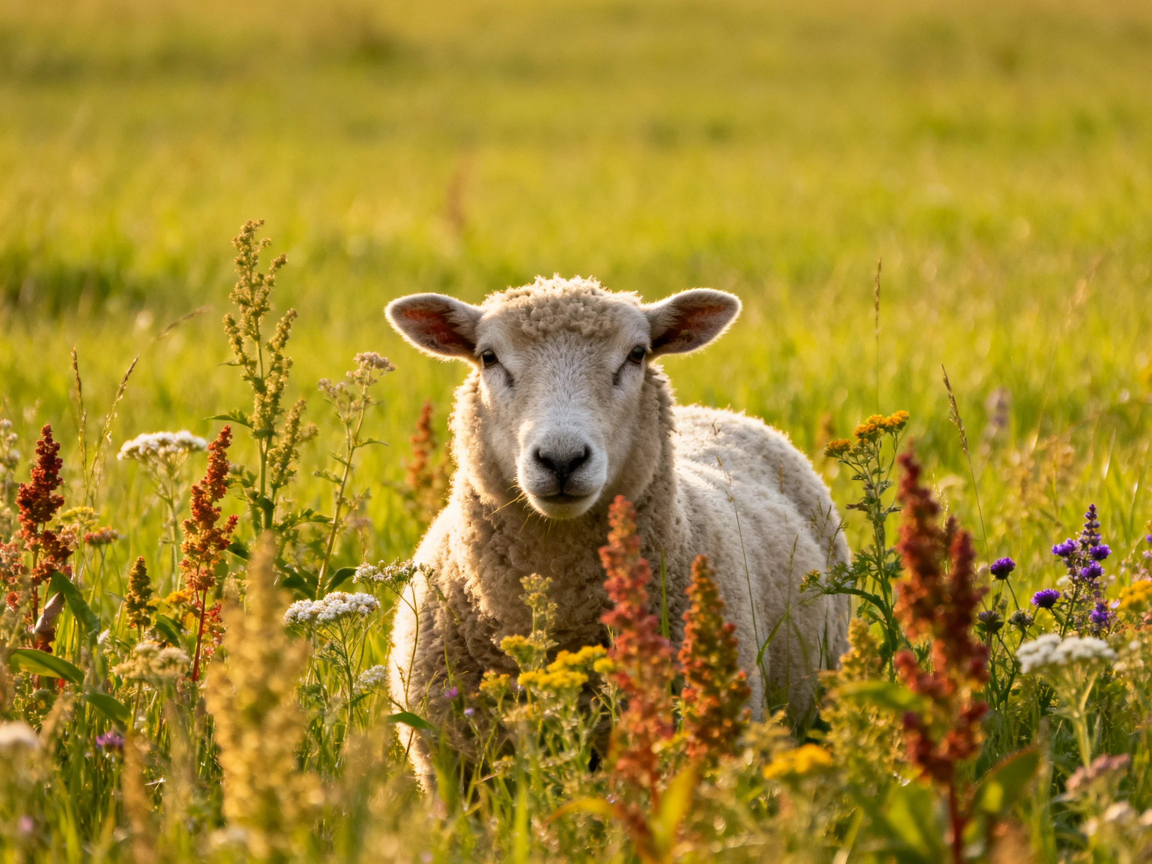 A sheep resting amid vibrant wildflowers in a sunlit meadow