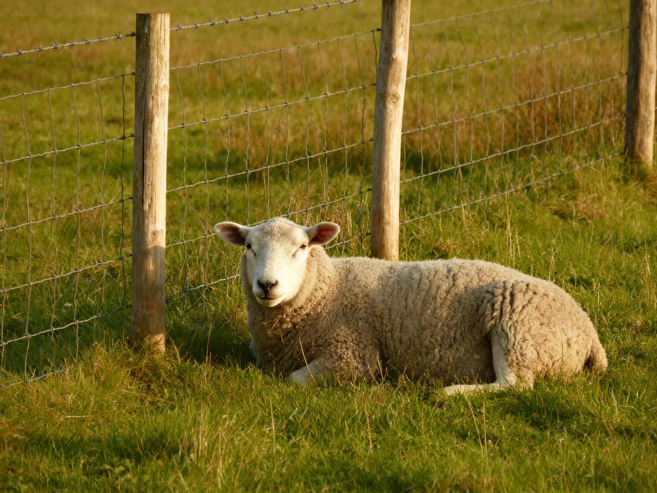A sheep resting by a wire fence in a green pasture