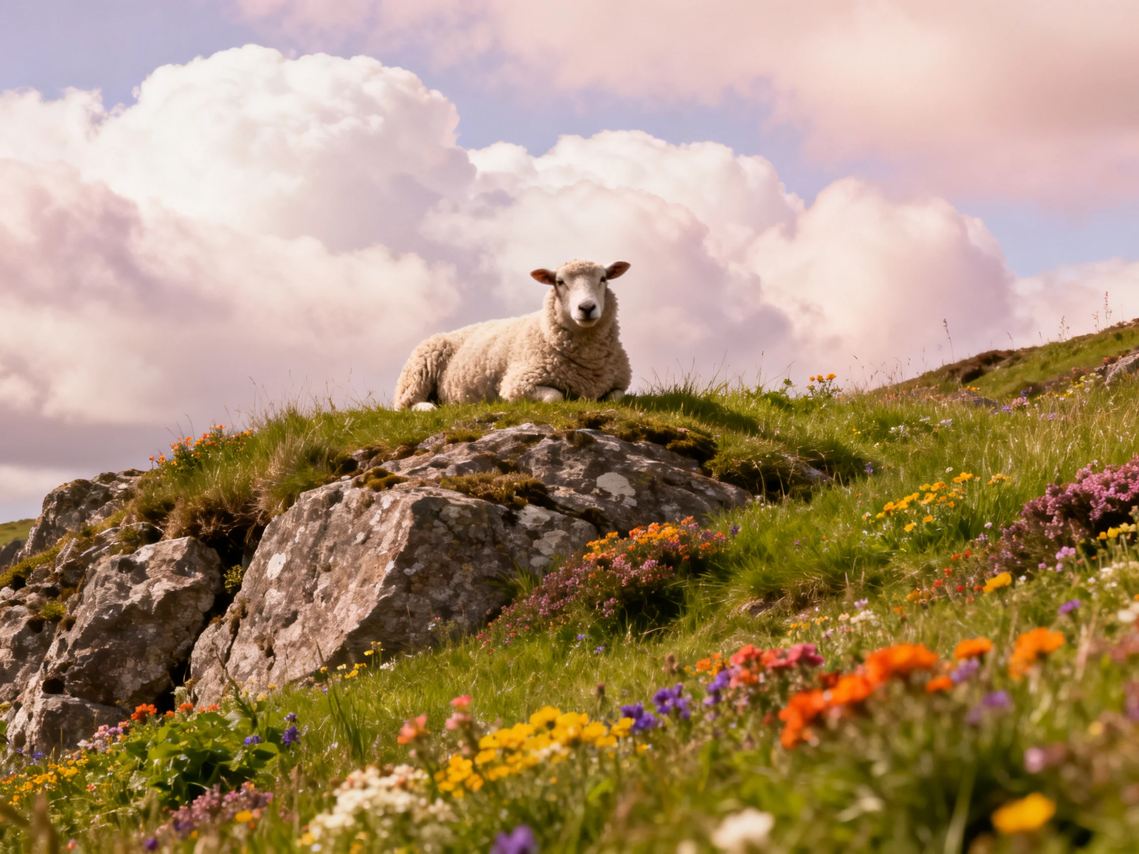 A sheep rests atop a mossy rock amid vibrant wildflowers and cloudy skies