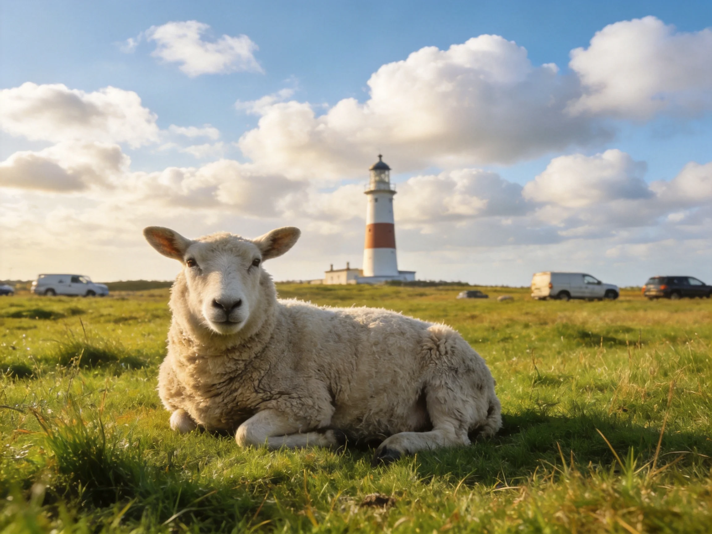 A sheep rests in a grassy field near a red-and-white lighthouse with parked vehicles
