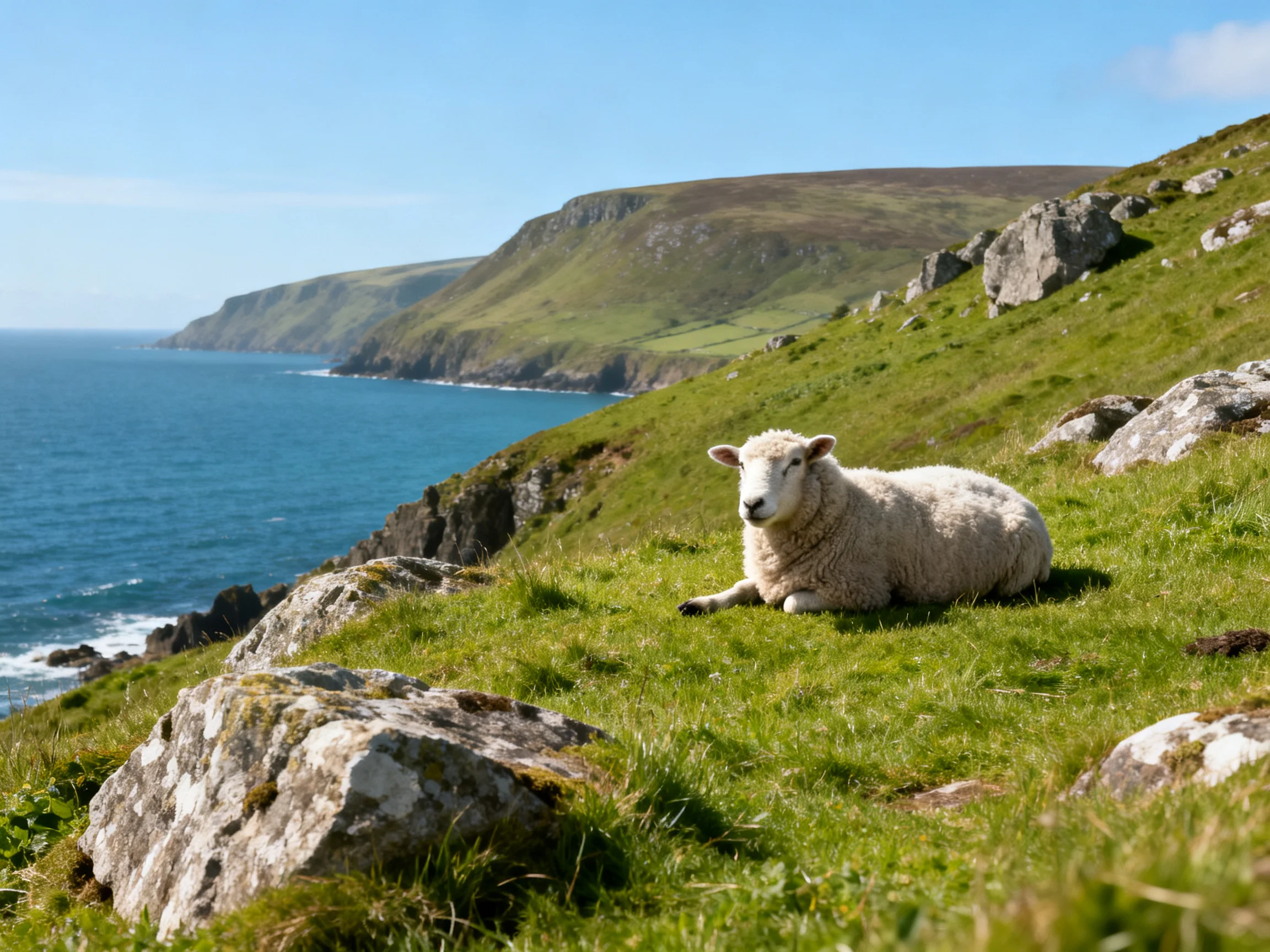 A sheep rests on a lush coastal cliffside overlooking the blue sea