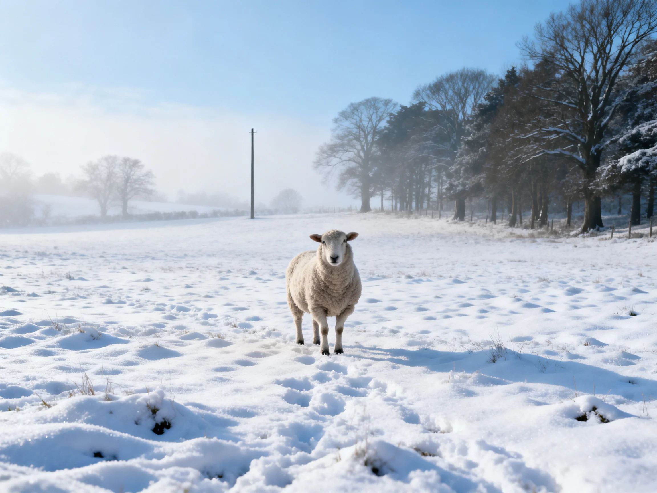 A sheep stands alone in a snow-covered rural landscape