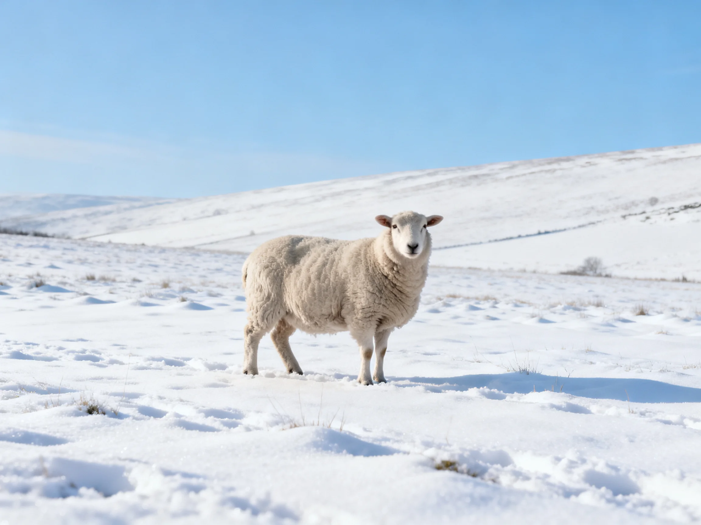 A sheep stands alone in a snowy, rolling landscape under clear blue sky