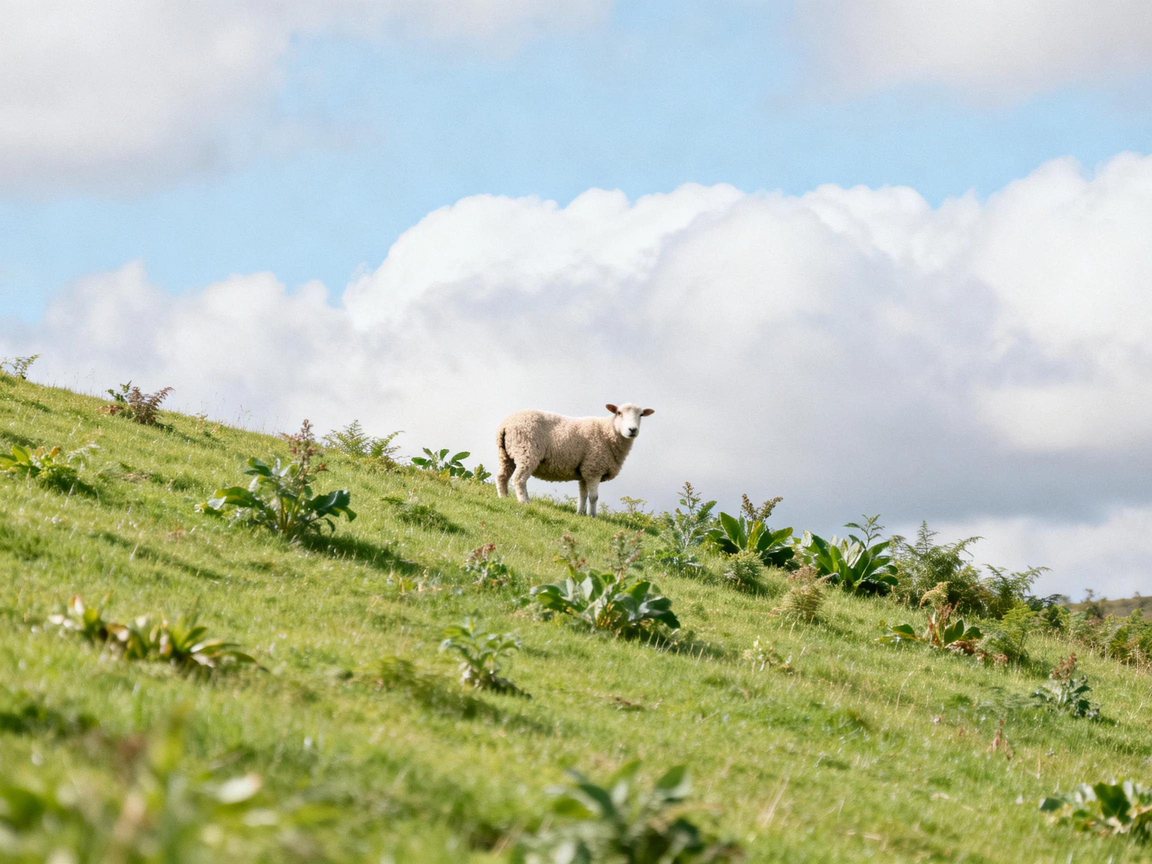 A sheep stands alone on a lush green hillside under bright blue skies