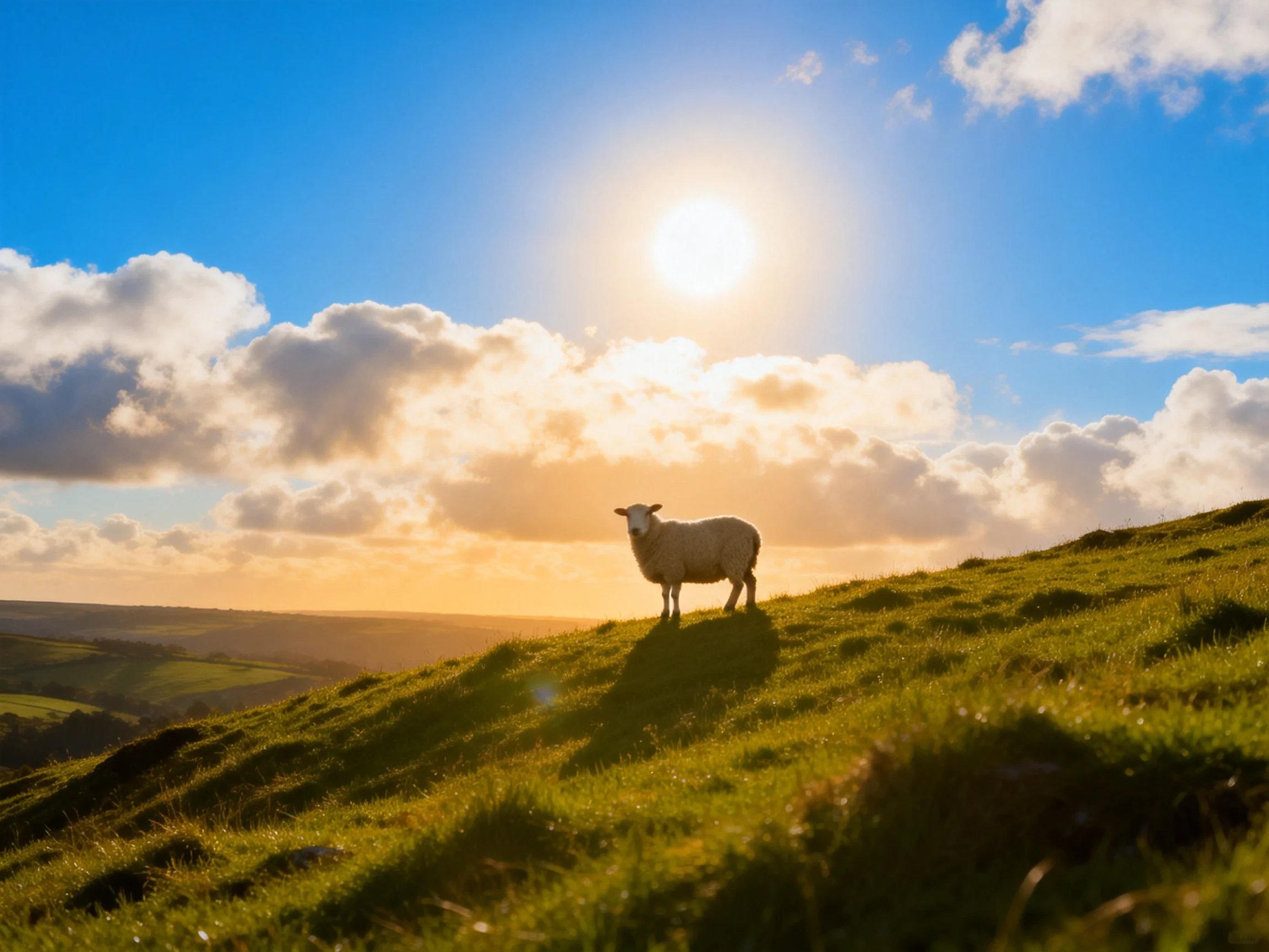 A sheep stands alone on a sunlit green hillside under bright blue sky
