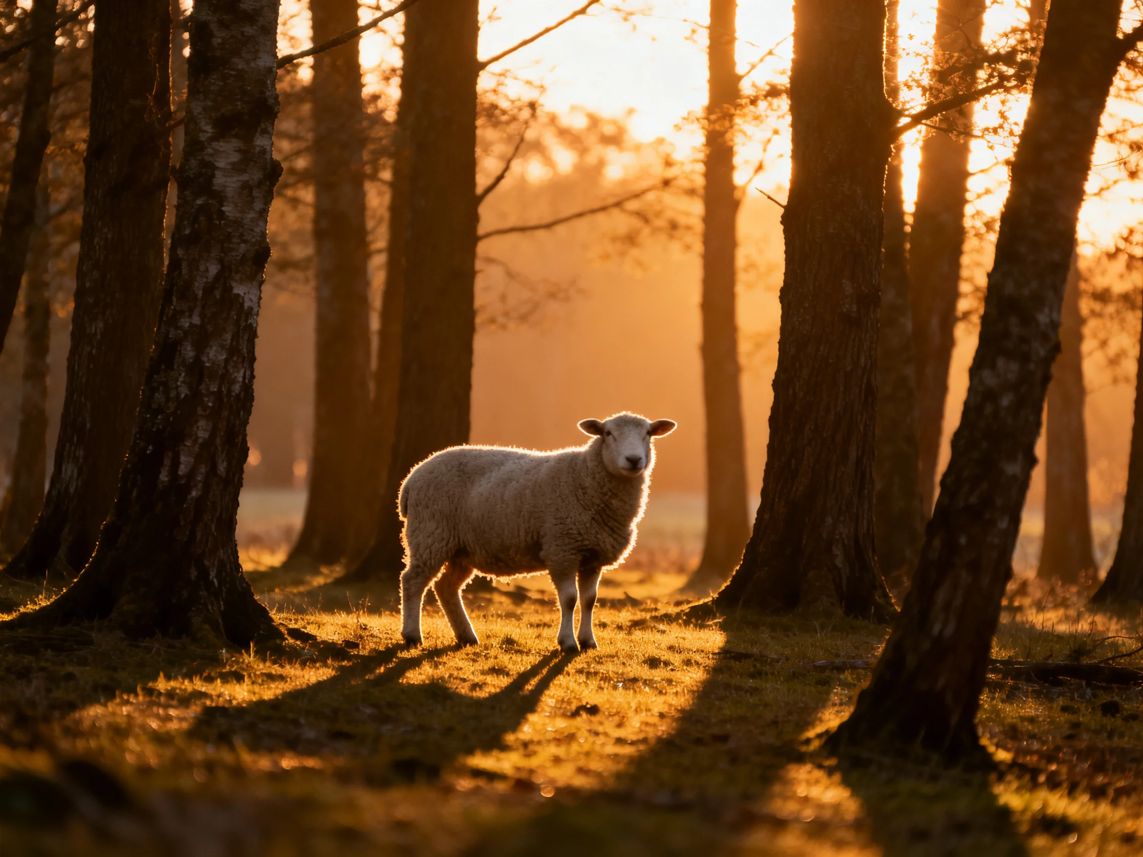 A sheep stands amid tall trees bathed in golden sunlight