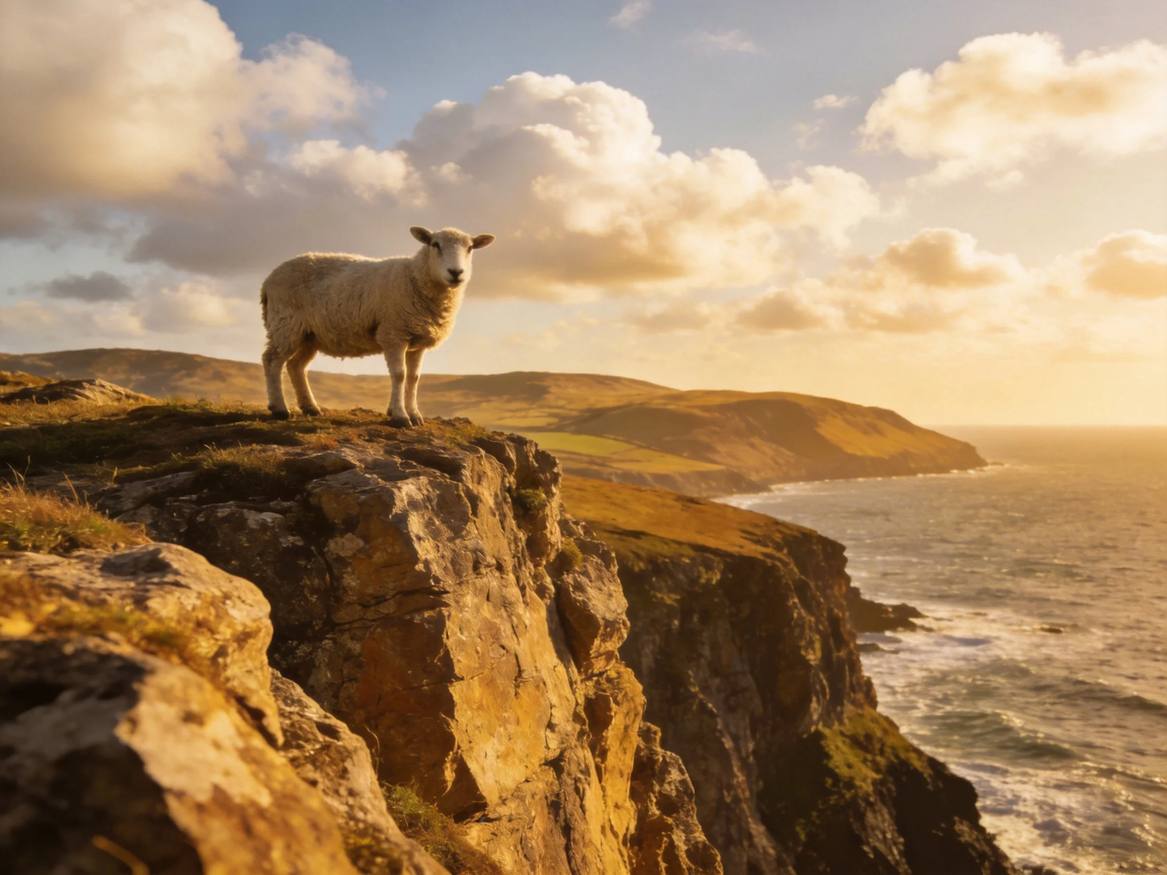 A sheep stands atop a golden-hued coastal cliff by the sea
