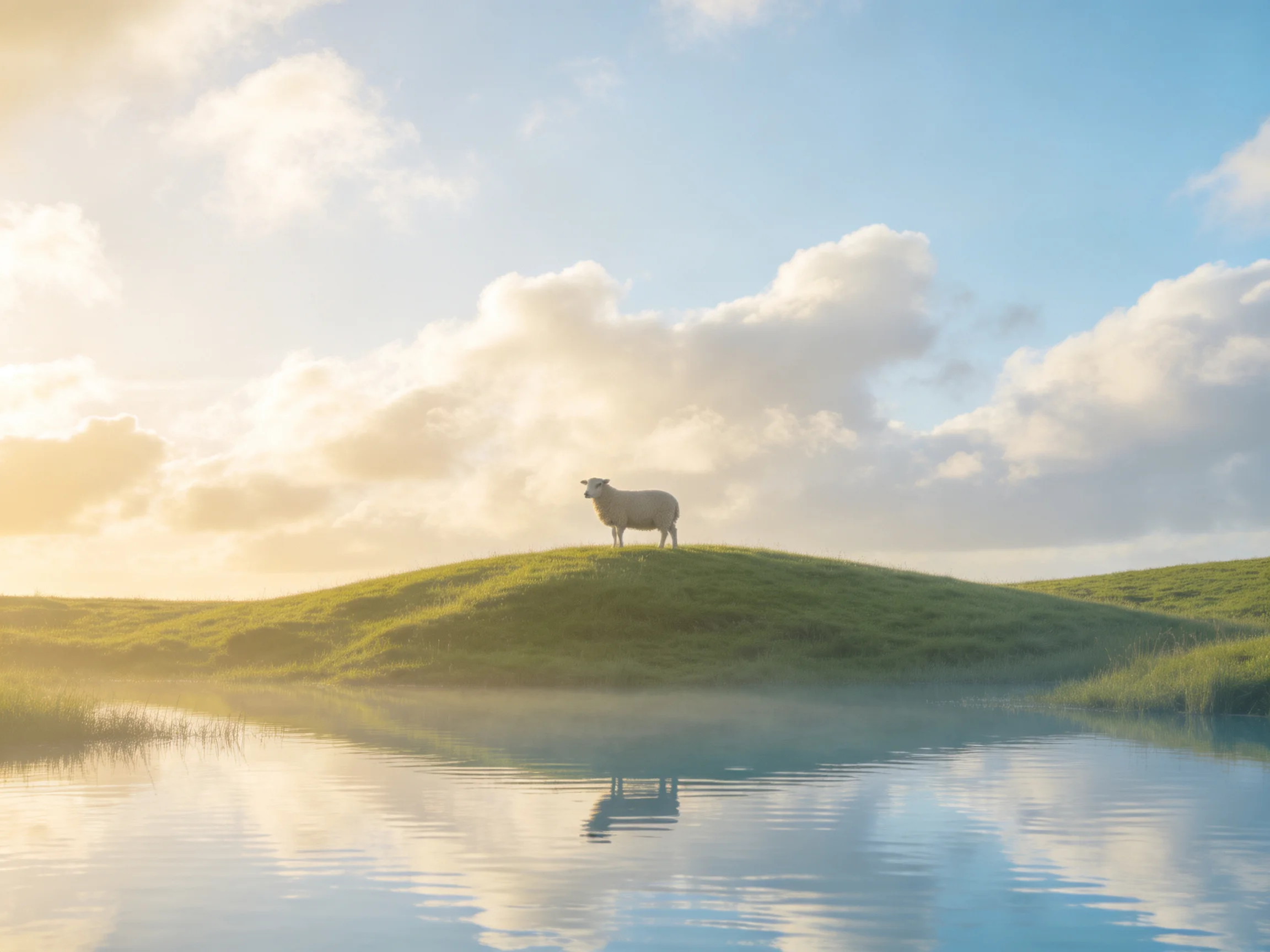 A sheep stands atop a grassy hill beside calm reflective water