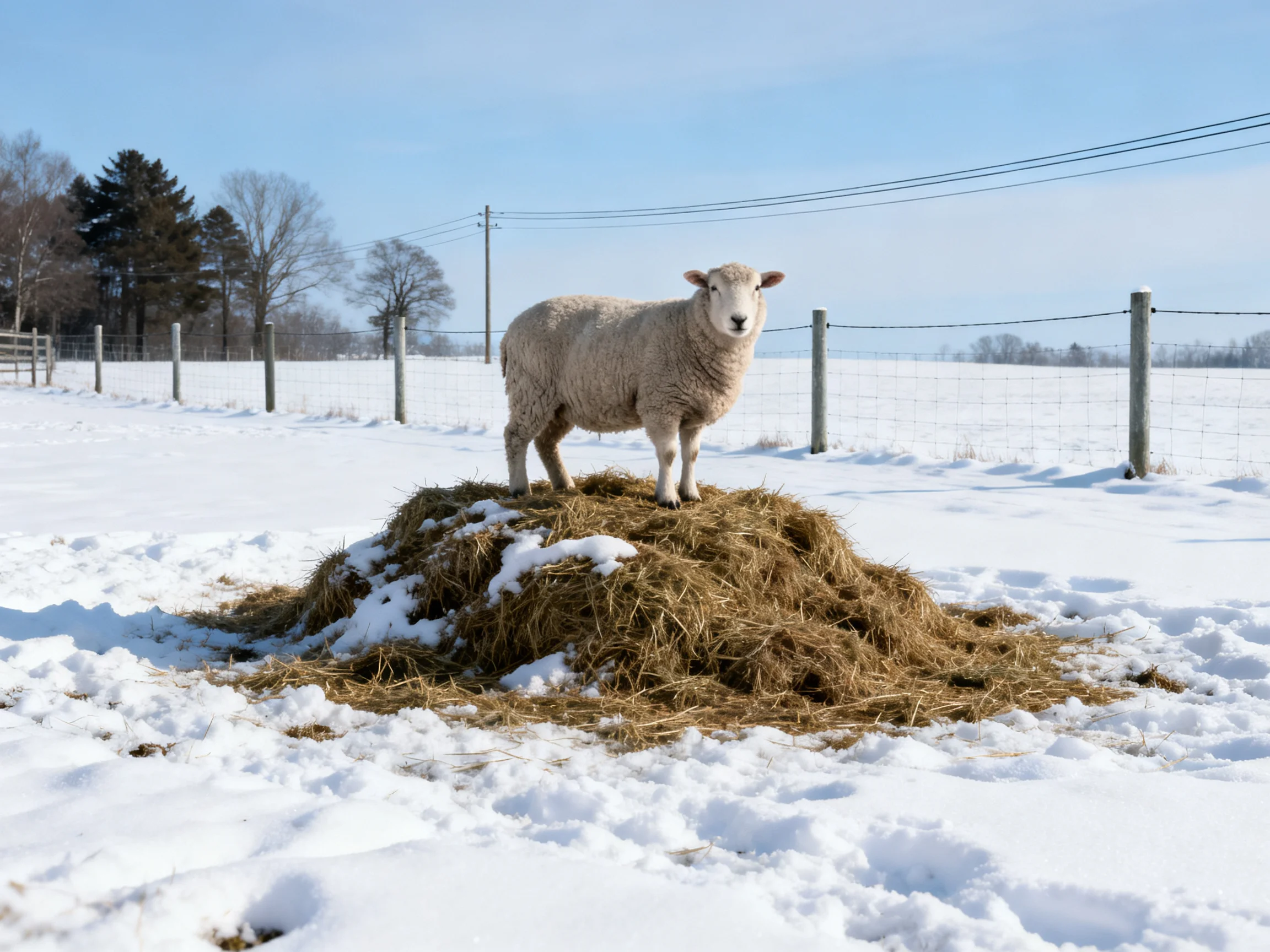 A sheep stands atop a hay mound in a snowy field