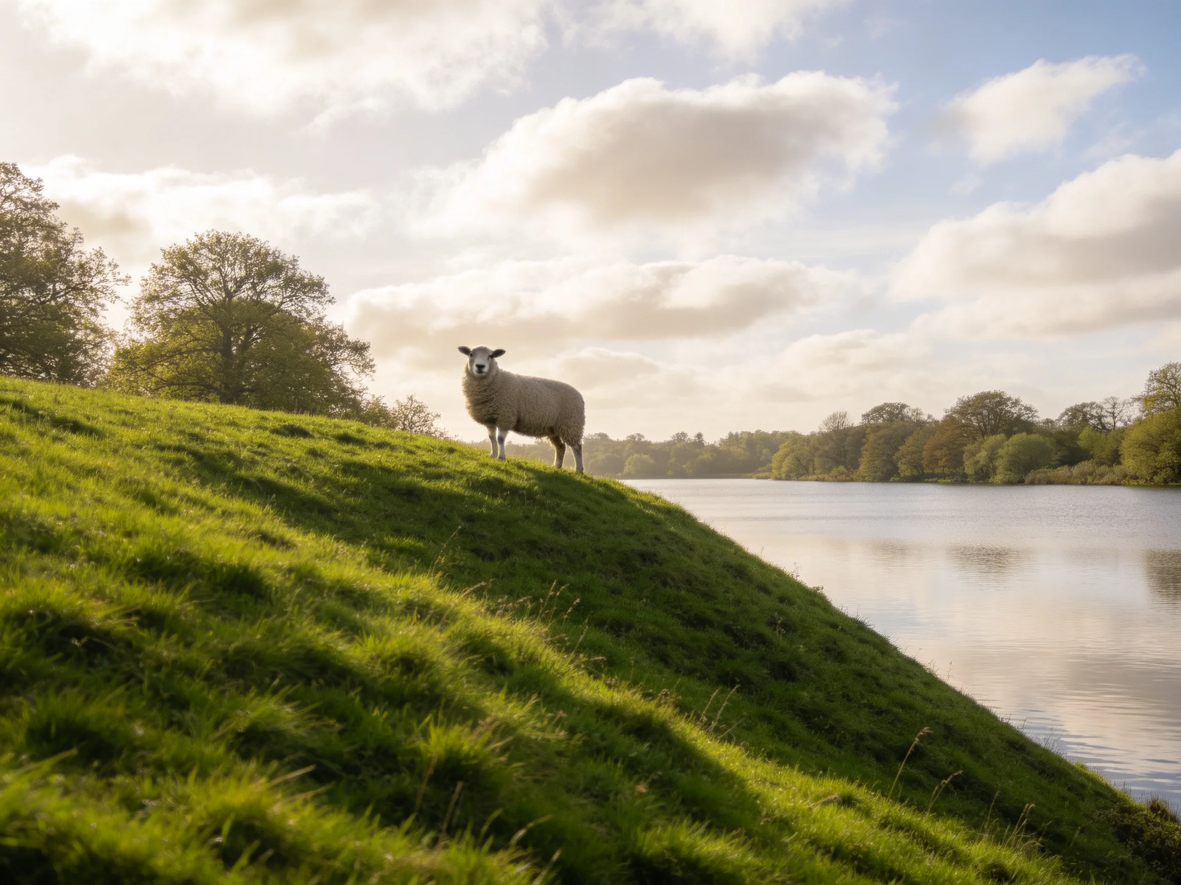 A sheep stands atop a lush green hill beside calm water
