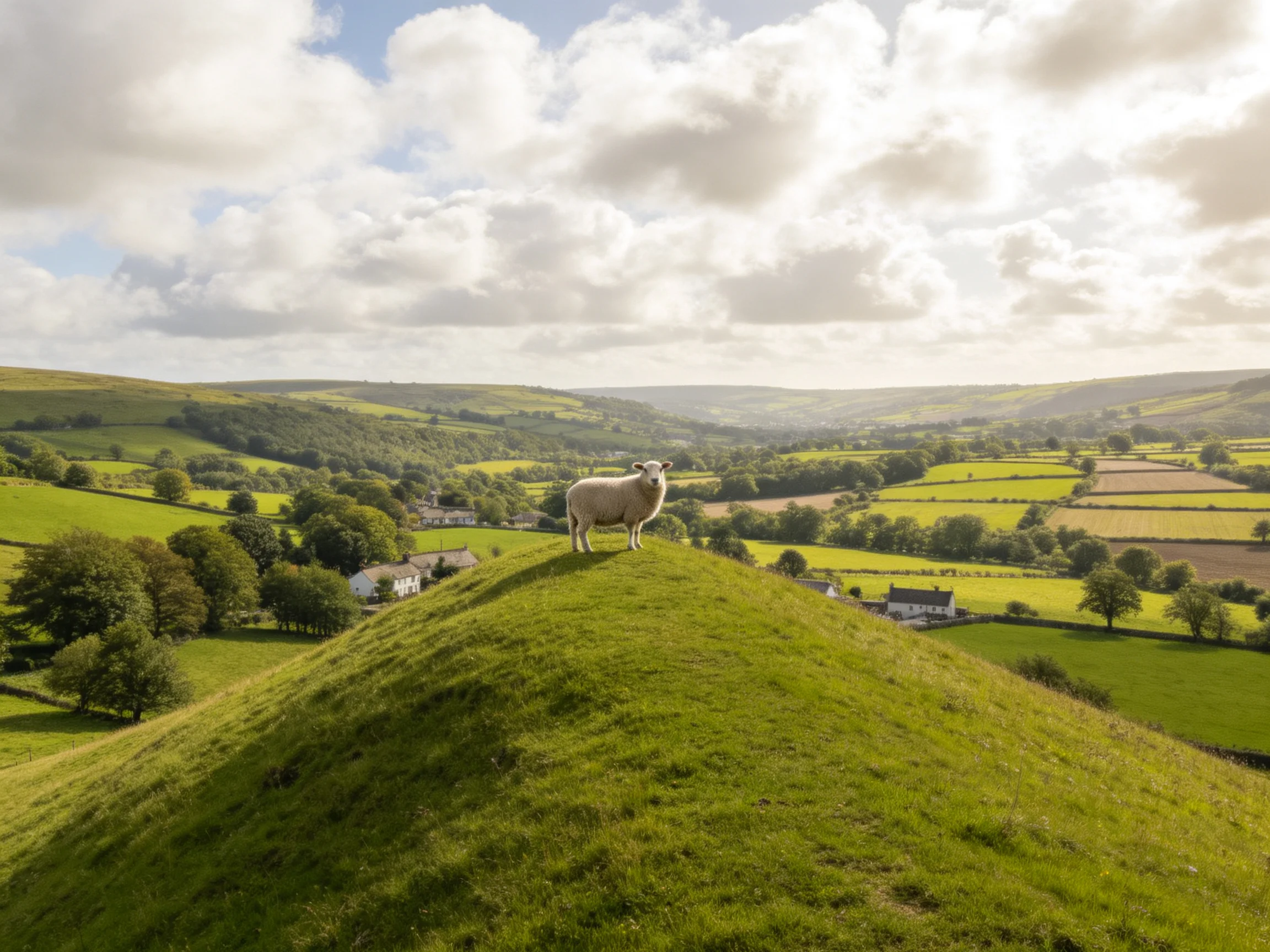 A sheep stands atop a lush green hill overlooking rolling countryside.