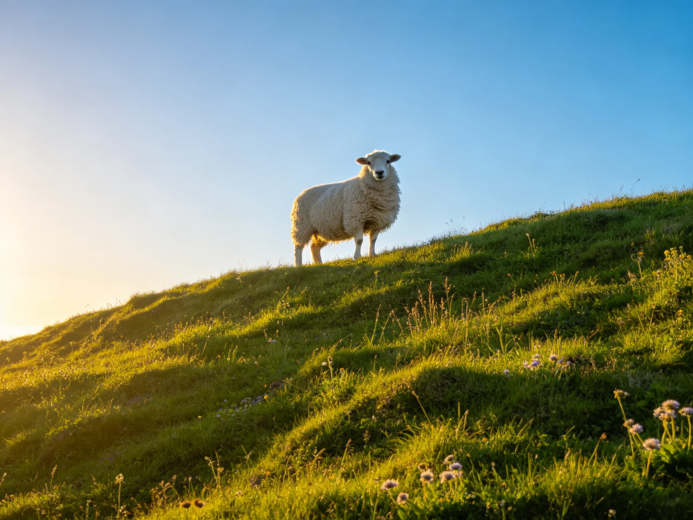 A sheep stands atop a lush green hill under clear blue sky